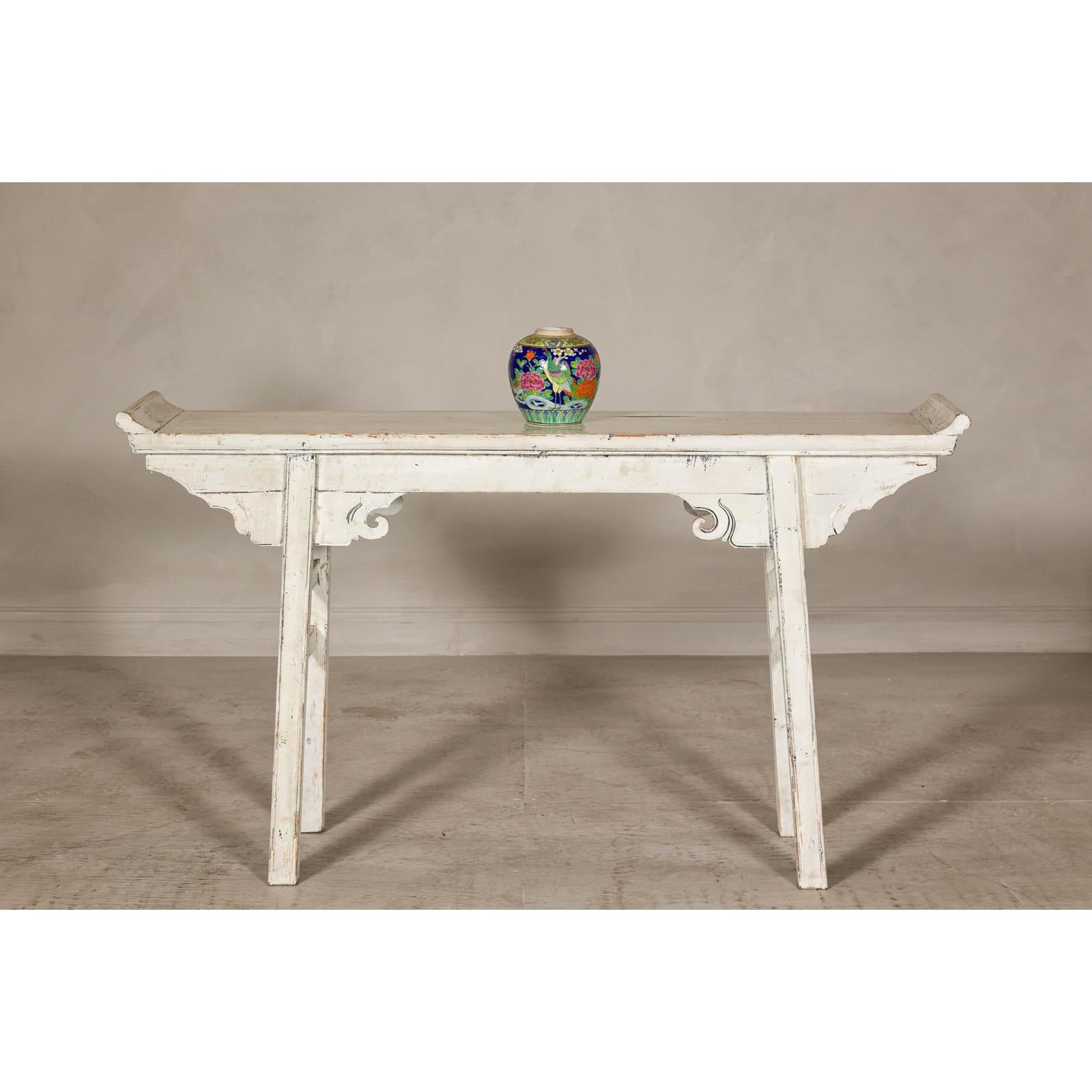Vintage Antique White Console Table with Weathered Patina and Carved Details