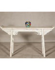 Vintage Antique White Console Table with Weathered Patina and Carved Details