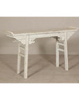 Vintage Antique White Console Table with Weathered Patina and Carved Details