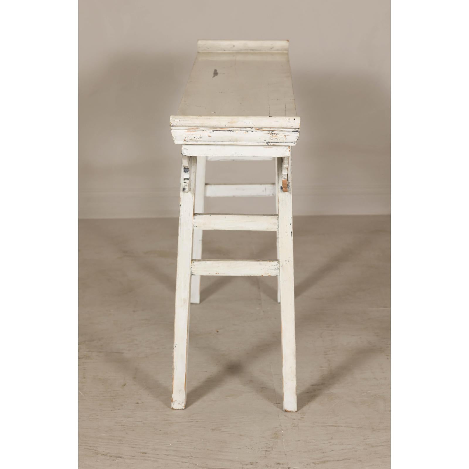 Vintage Antique White Console Table with Weathered Patina and Carved Details