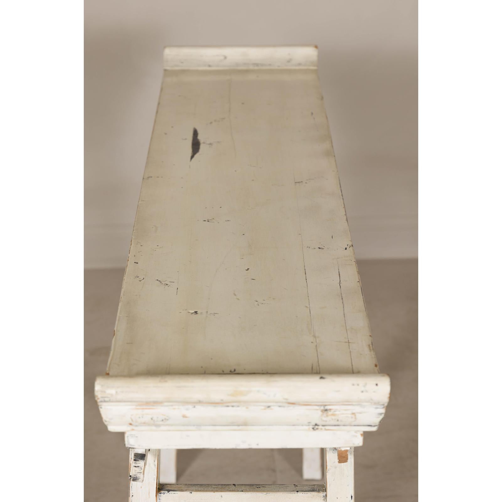 Vintage Antique White Console Table with Weathered Patina and Carved Details