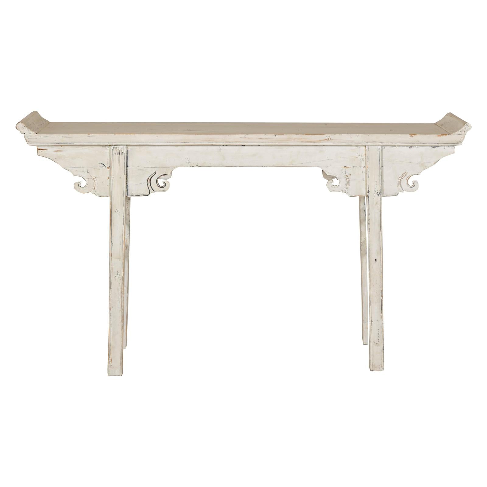 Vintage Antique White Console Table with Weathered Patina and Carved Details