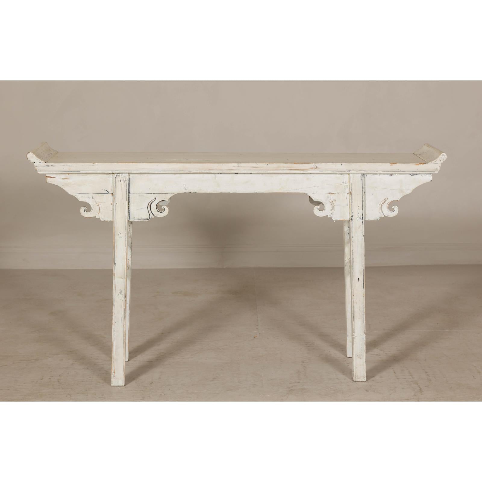 Vintage Antique White Console Table with Weathered Patina and Carved Details