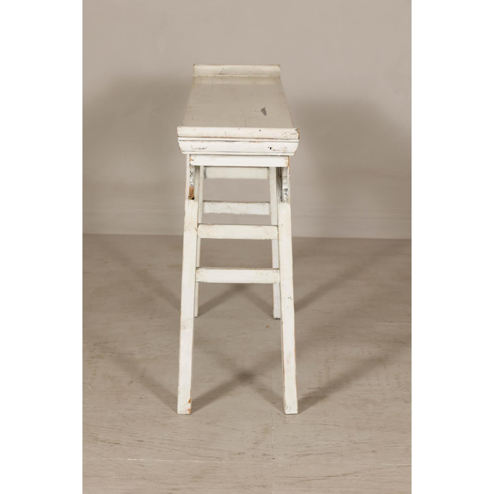 Vintage Antique White Console Table with Weathered Patina and Carved Details