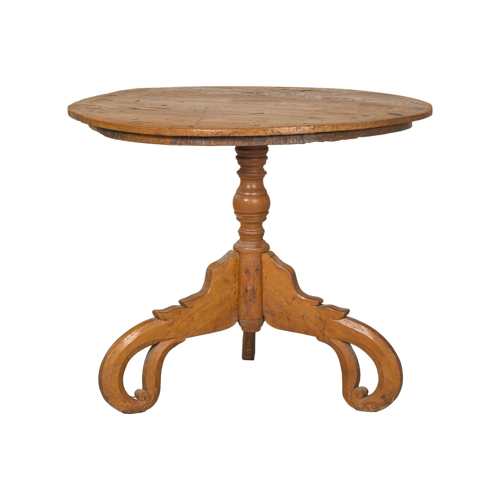 Colonial Teak Pedestal Side Table with Tripod Base, Early 20th Century