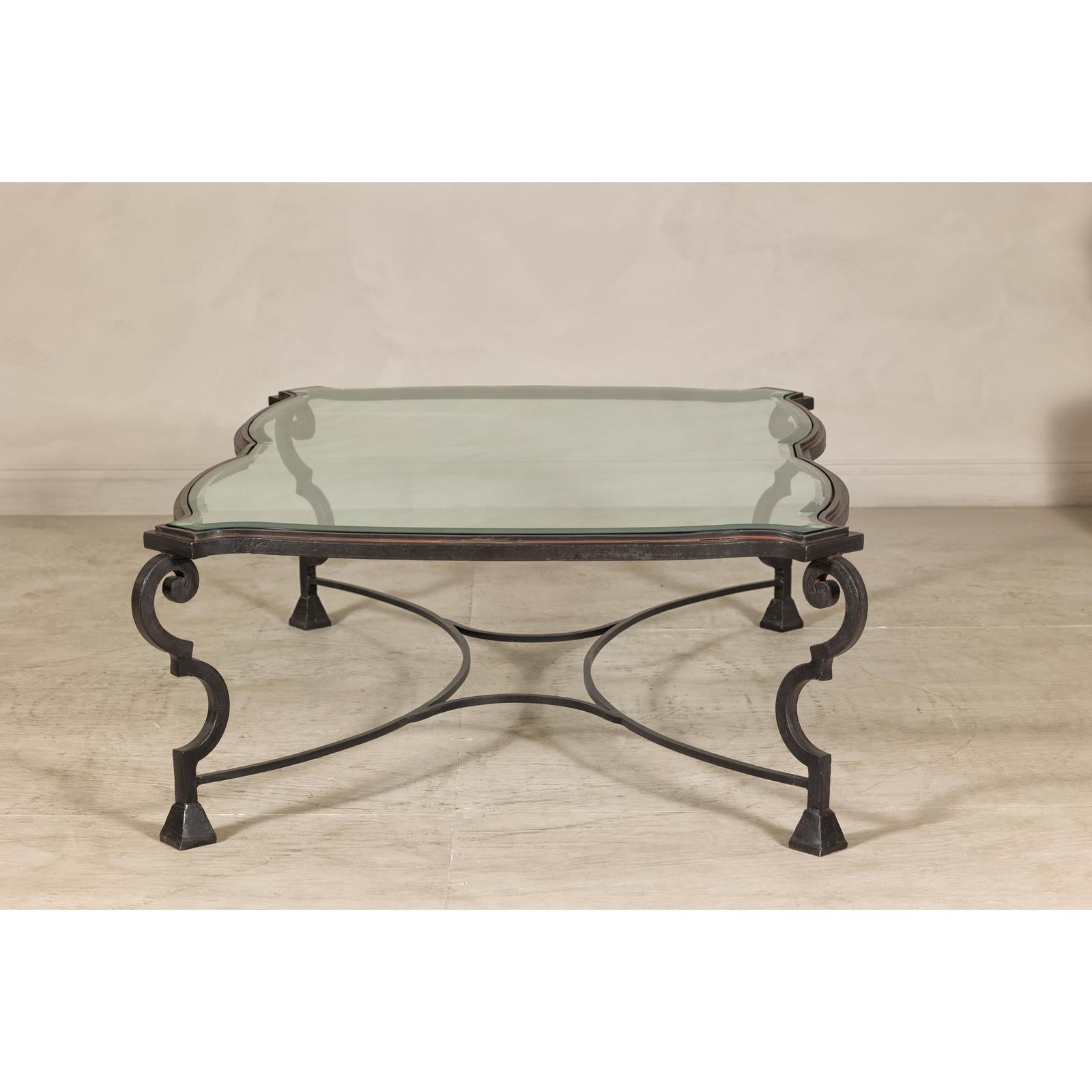 Midcentury Wrought Iron Coffee Table with Beveled Glass Top, 1940s-1960s