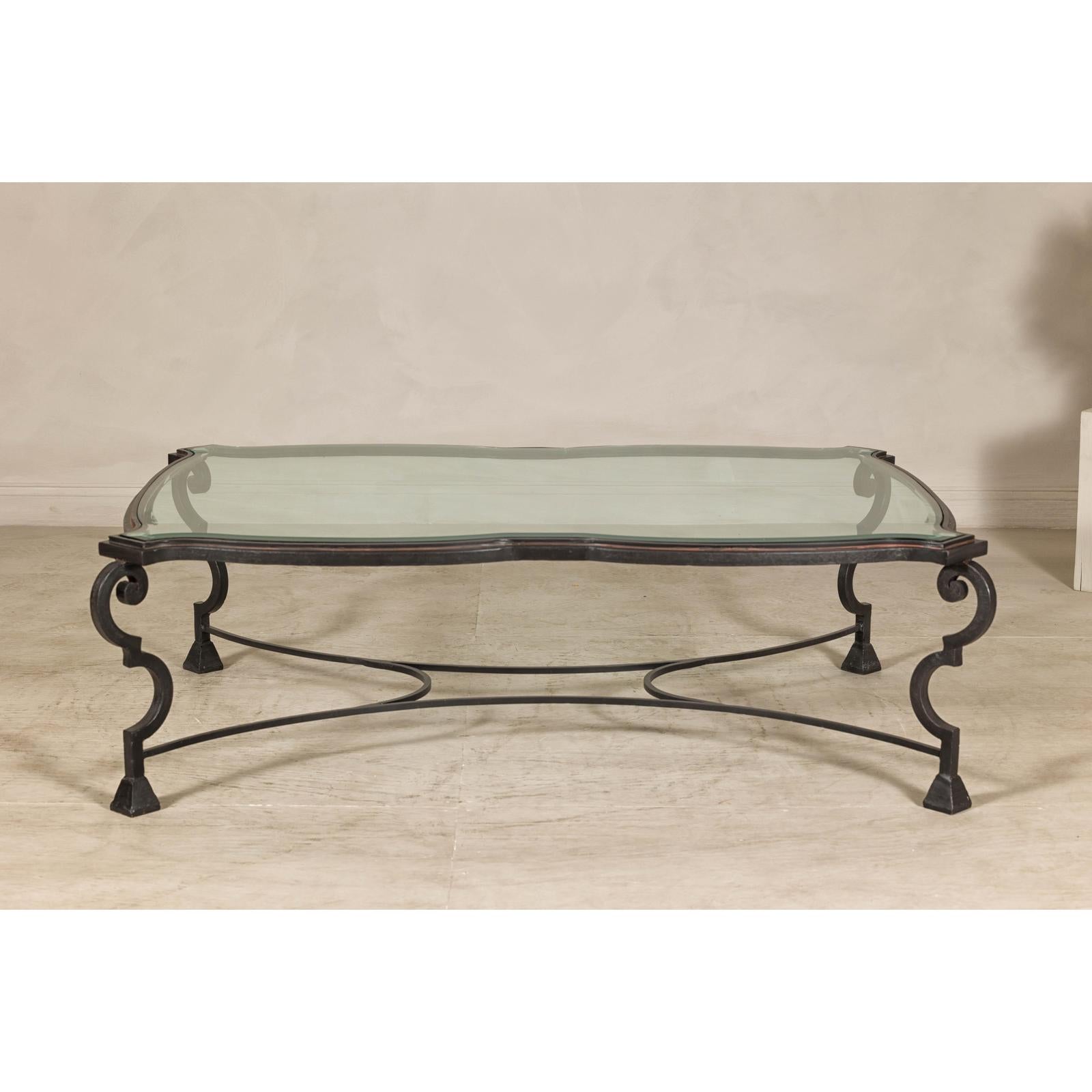 Midcentury Wrought Iron Coffee Table with Beveled Glass Top, 1940s-1960s
