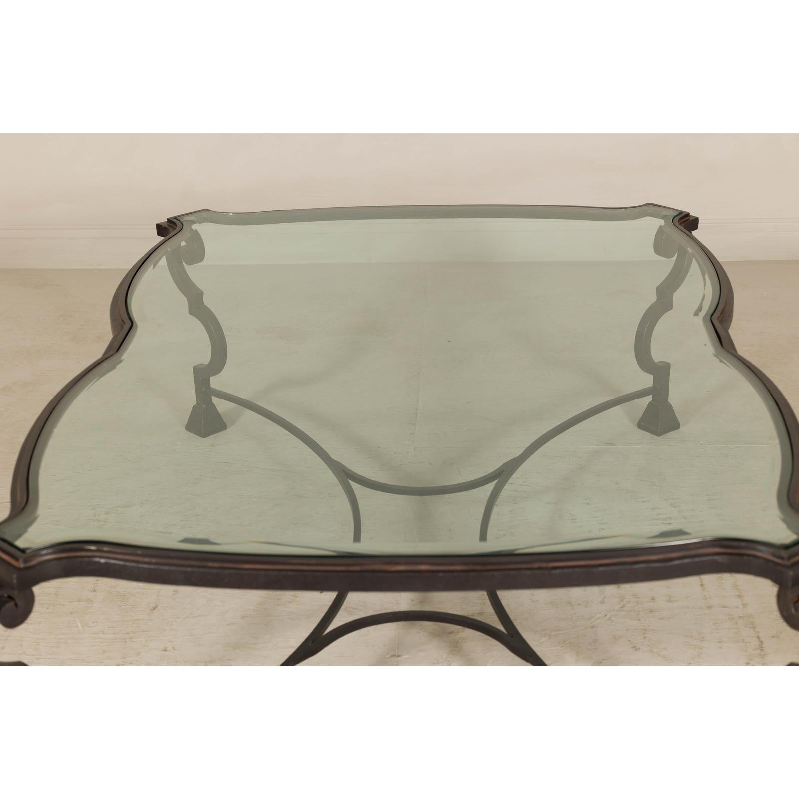Midcentury Wrought Iron Coffee Table with Beveled Glass Top, 1940s-1960s