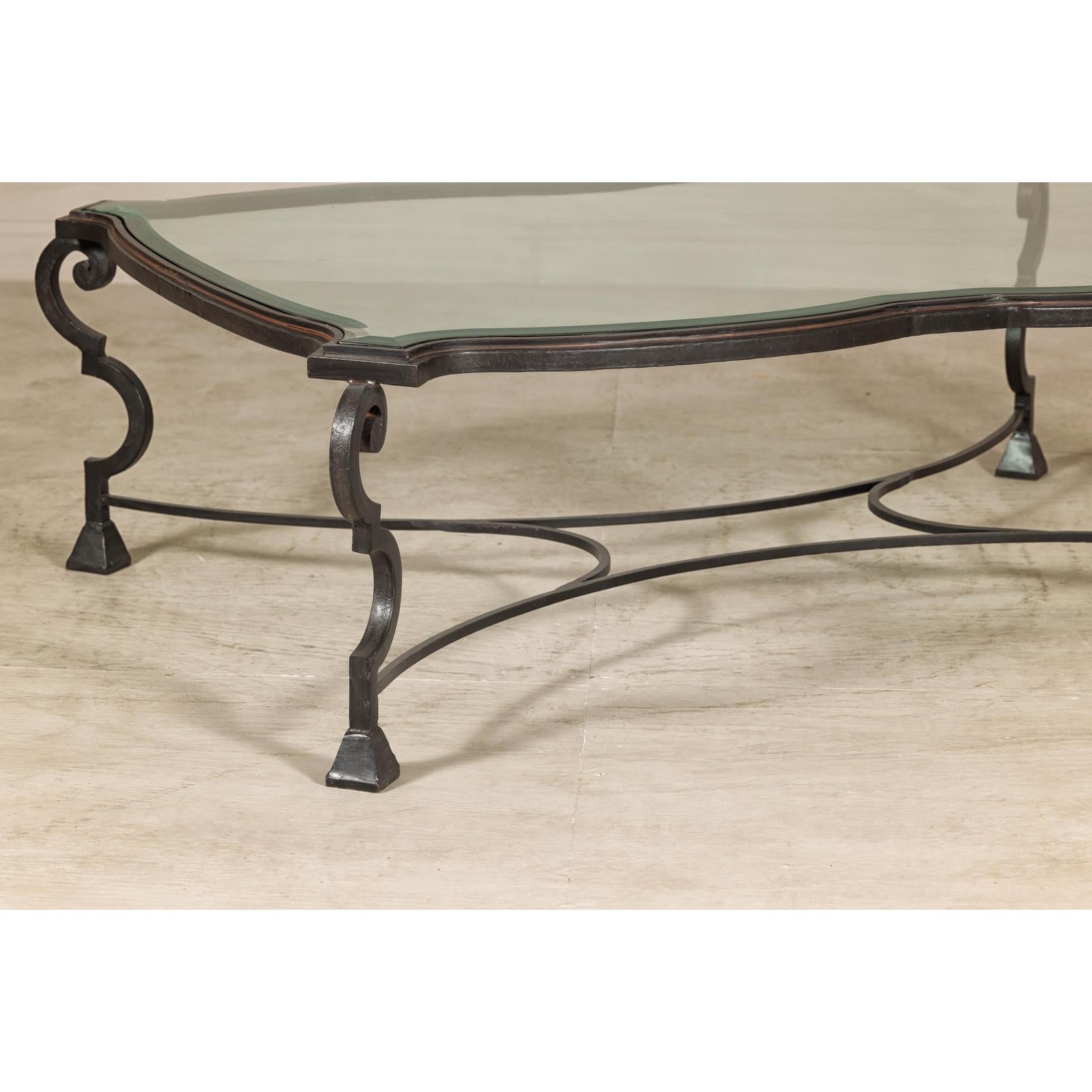 Midcentury Wrought Iron Coffee Table with Beveled Glass Top, 1940s-1960s