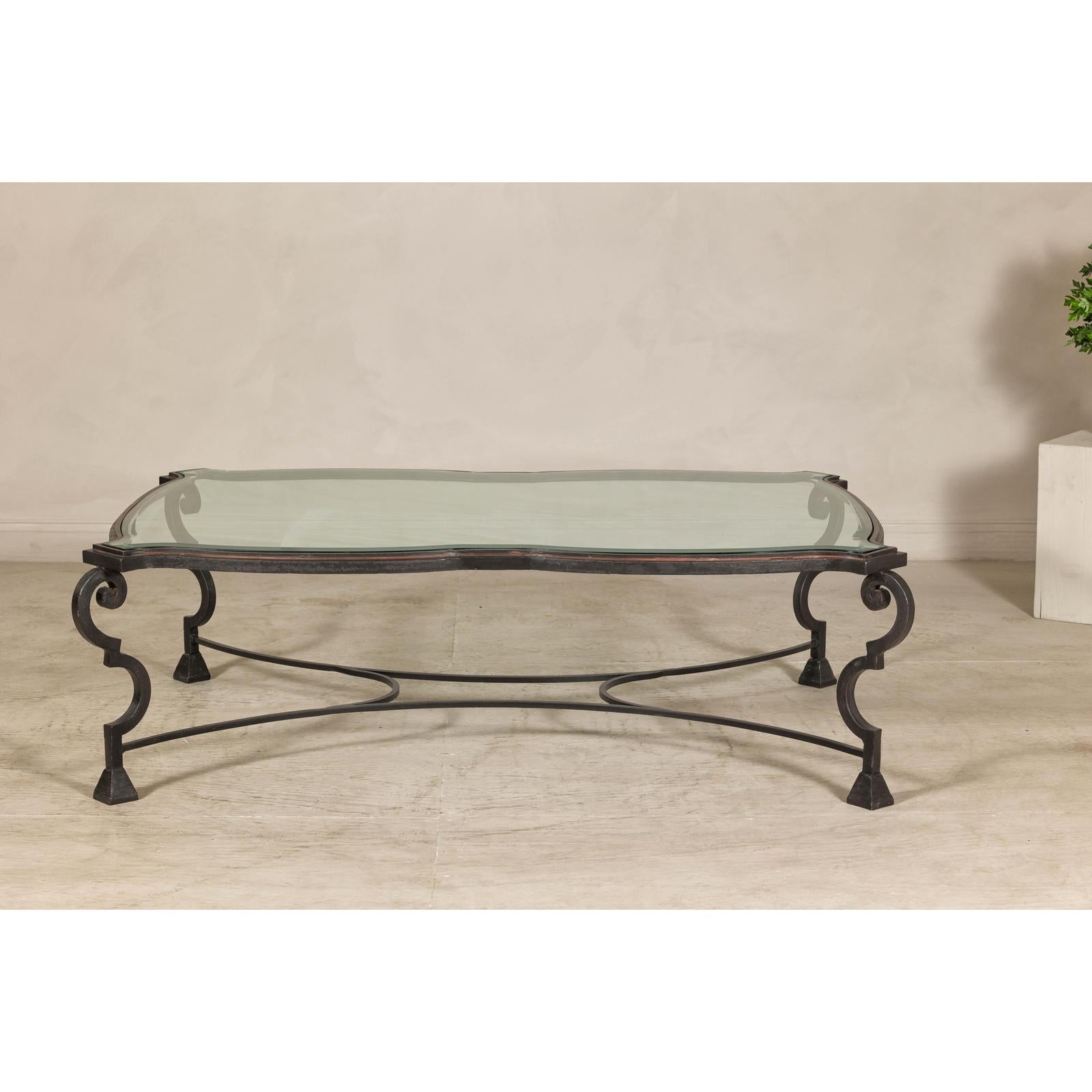 Midcentury Wrought Iron Coffee Table with Beveled Glass Top, 1940s-1960s