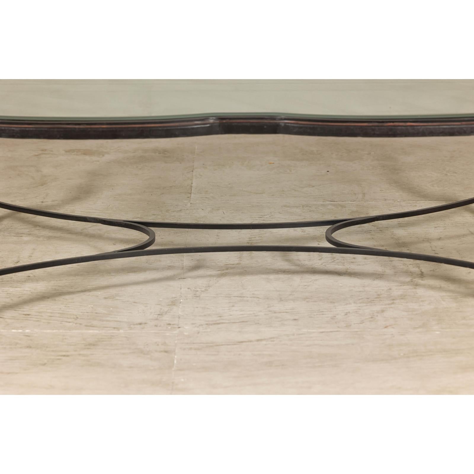 Midcentury Wrought Iron Coffee Table with Beveled Glass Top, 1940s-1960s