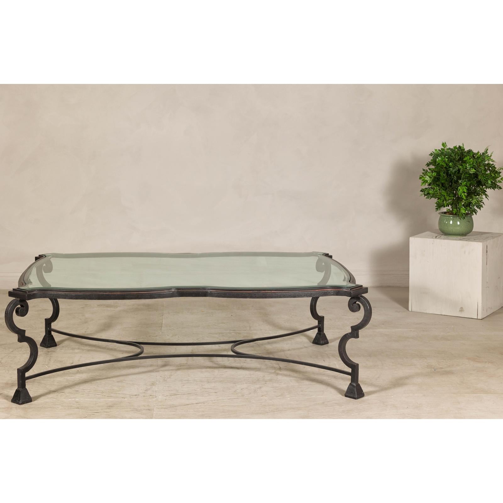 Midcentury Wrought Iron Coffee Table with Beveled Glass Top, 1940s-1960s