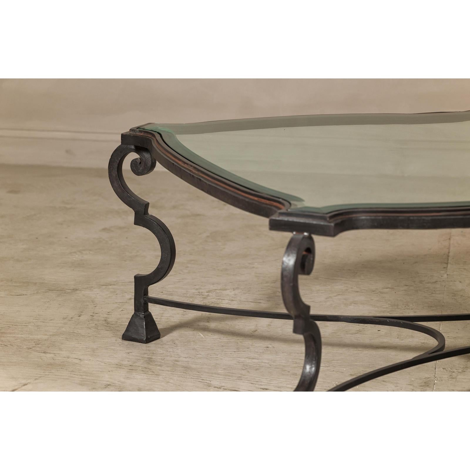 Midcentury Wrought Iron Coffee Table with Beveled Glass Top, 1940s-1960s
