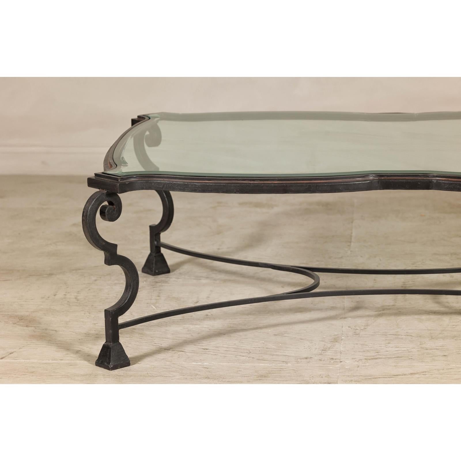 Midcentury Wrought Iron Coffee Table with Beveled Glass Top, 1940s-1960s