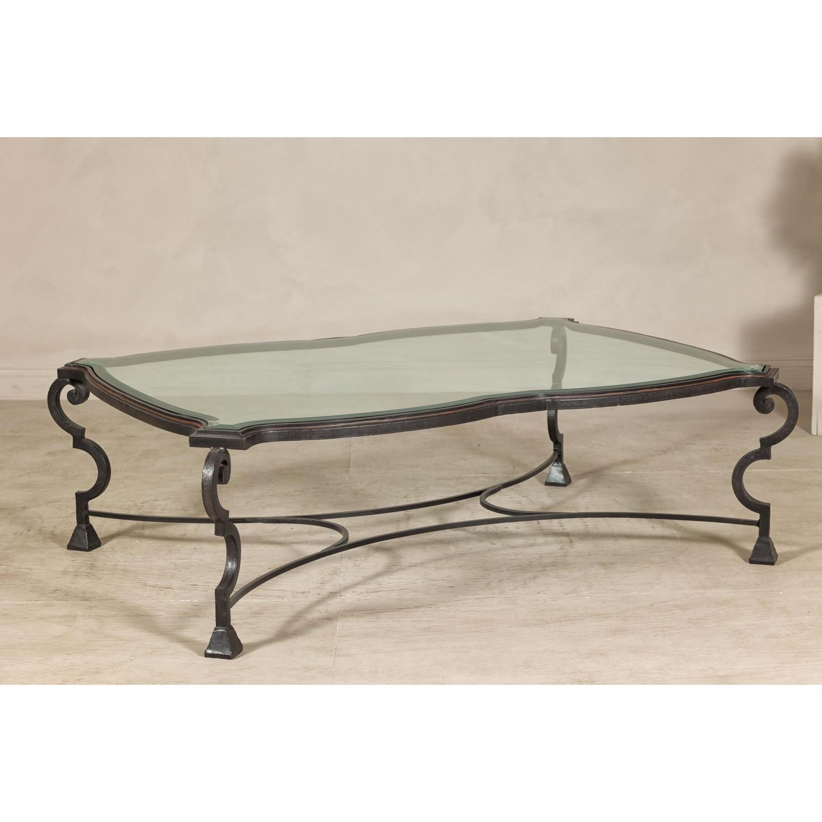 Midcentury Wrought Iron Coffee Table with Beveled Glass Top, 1940s-1960s