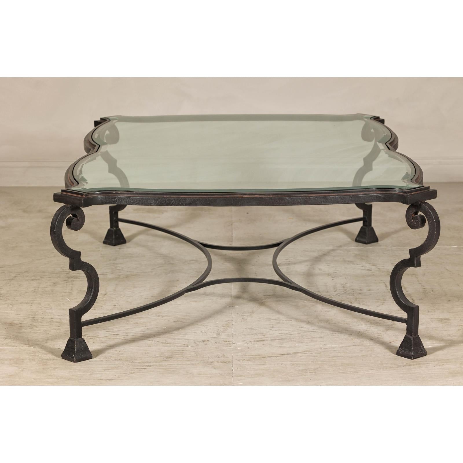 Midcentury Wrought Iron Coffee Table with Beveled Glass Top, 1940s-1960s