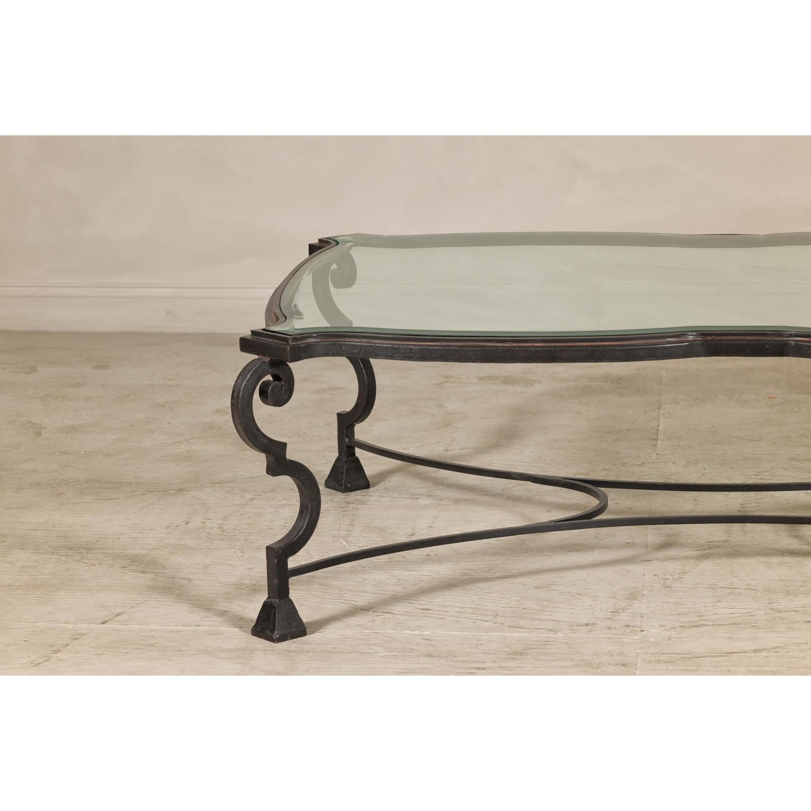 Midcentury Wrought Iron Coffee Table with Beveled Glass Top, 1940s-1960s