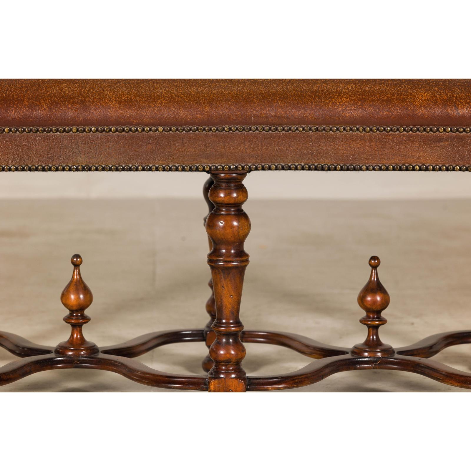Theodore Alexander Louis XIII Style Leather Bench with Turned Hardwood Legs