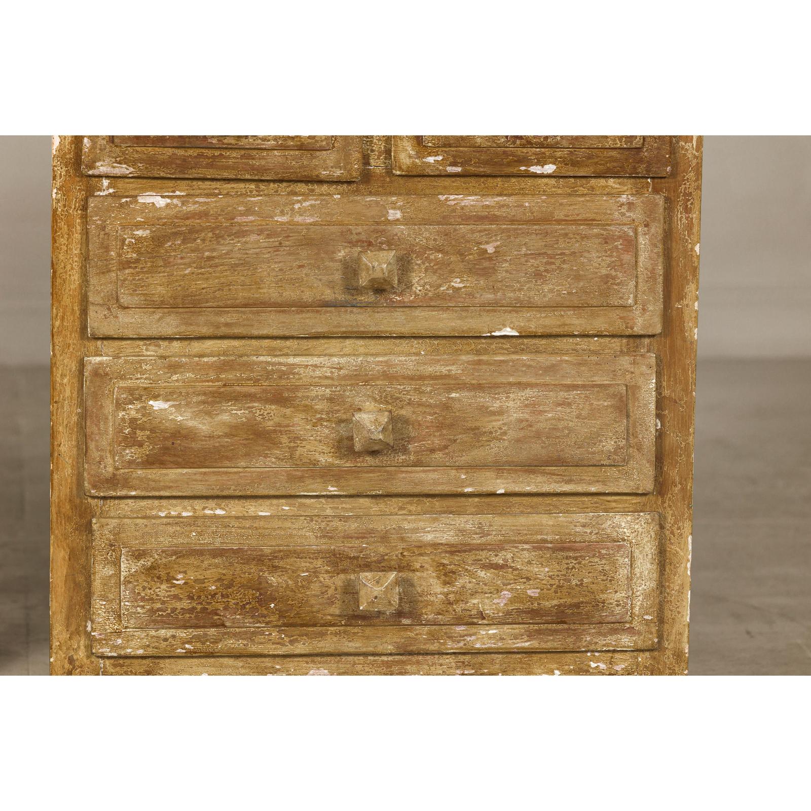 Pair of Distressed Vintage Nightstands with Subtle Brown and Green Patina