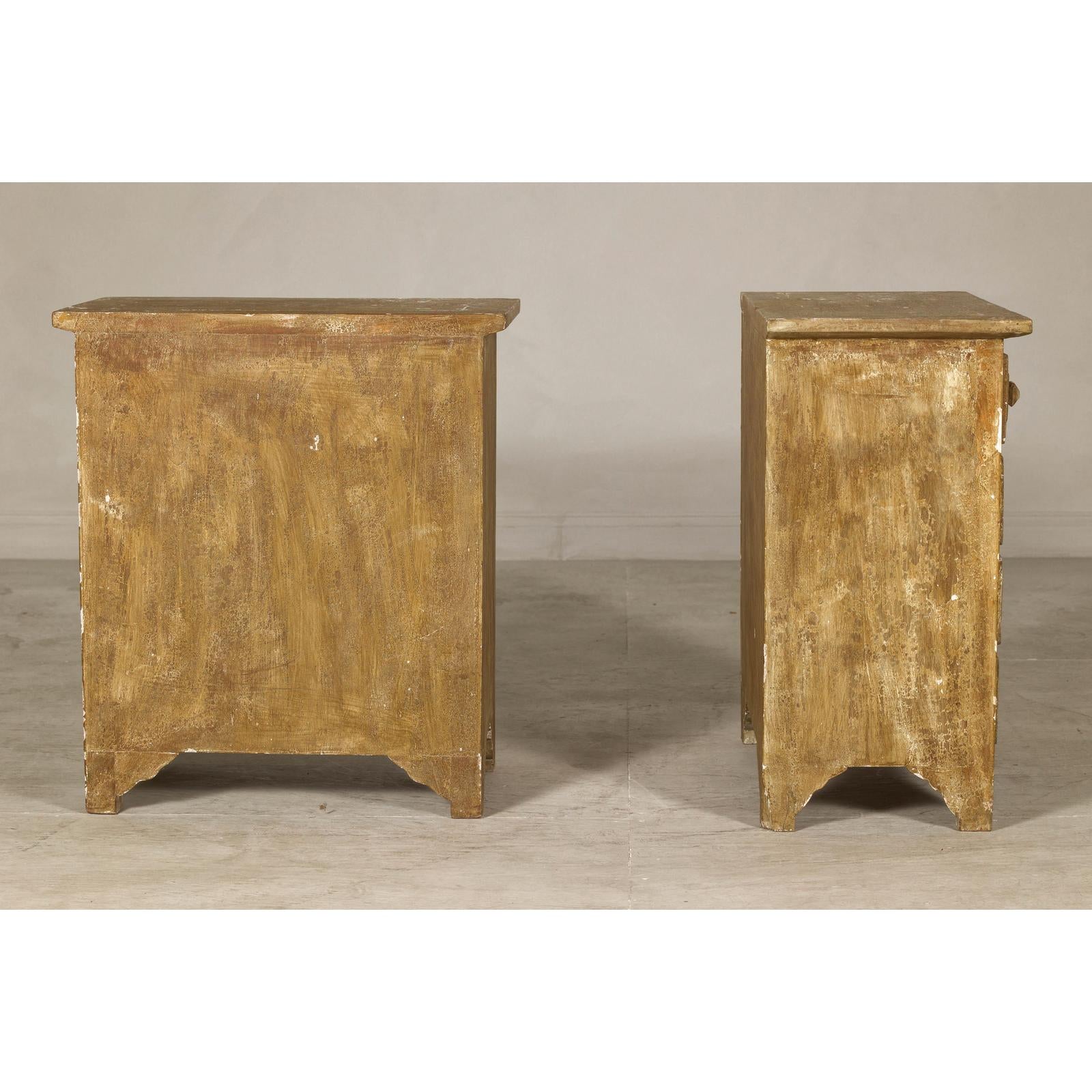 Pair of Distressed Vintage Nightstands with Subtle Brown and Green Patina