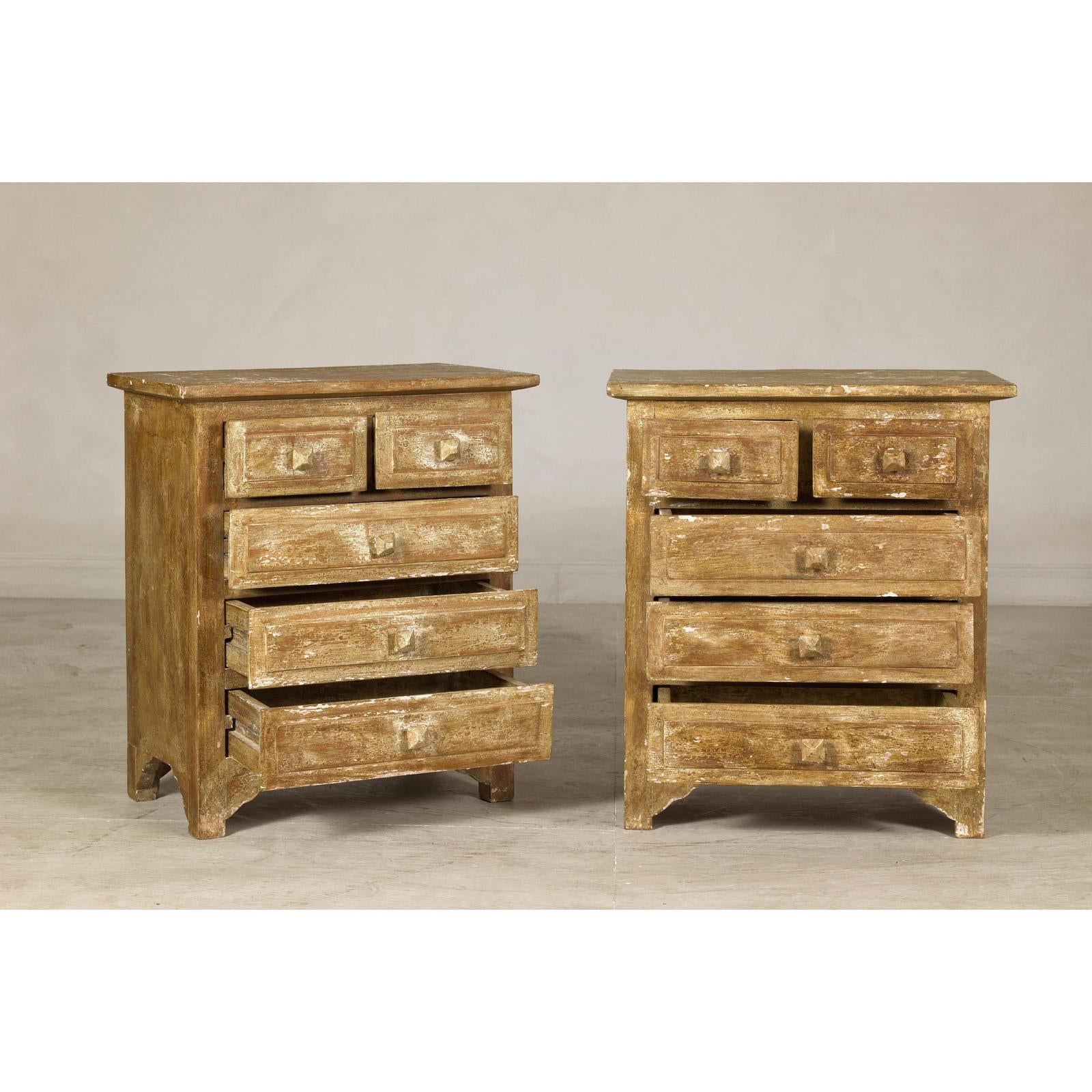 Pair of Distressed Vintage Nightstands with Subtle Brown and Green Patina