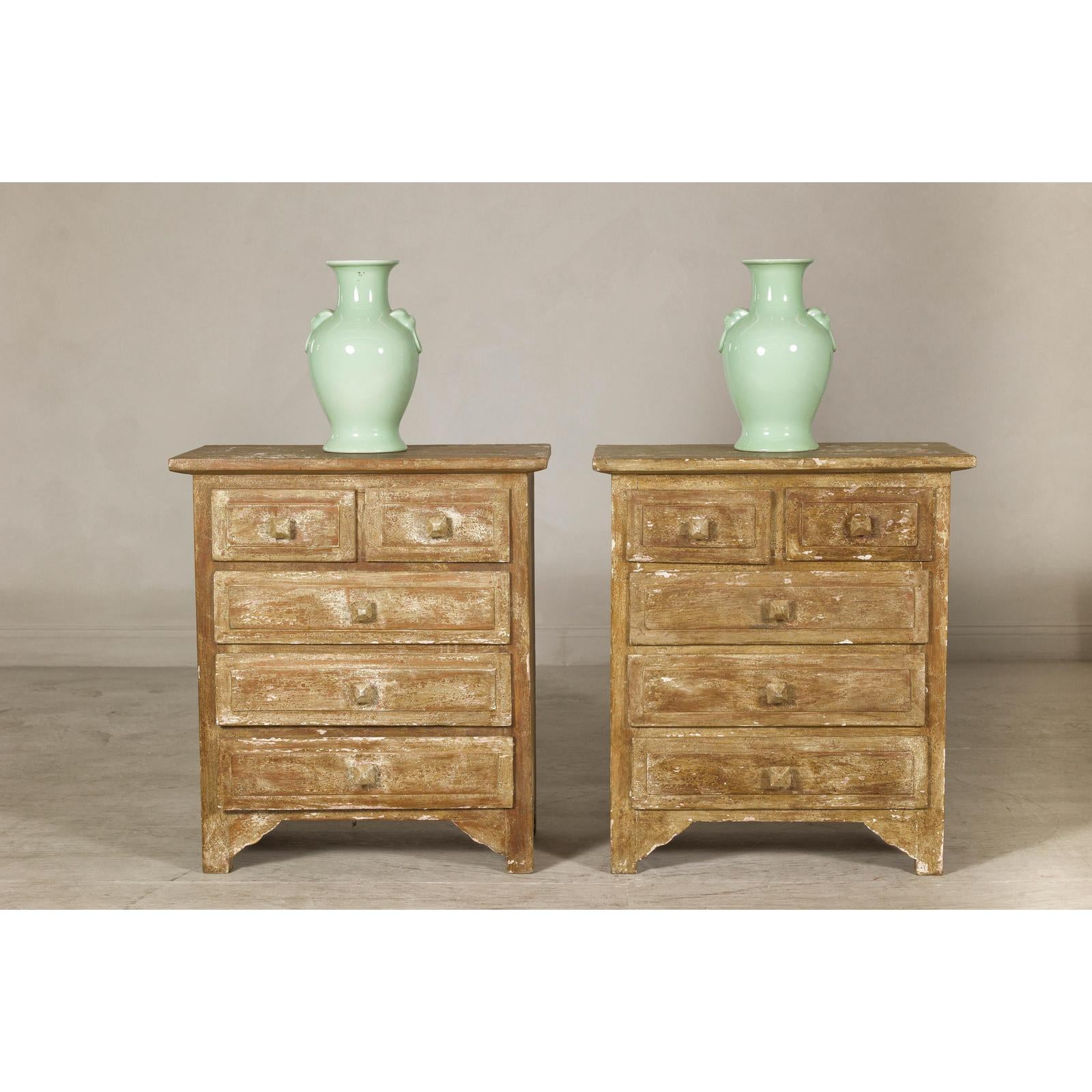 Pair of Distressed Vintage Nightstands with Subtle Brown and Green Patina