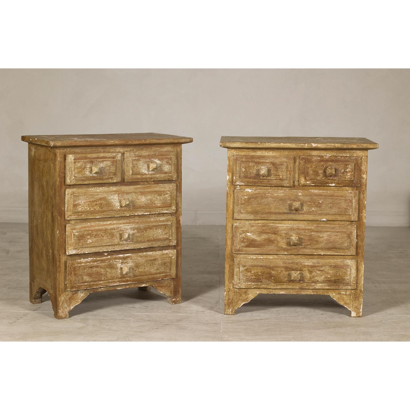 Pair of Distressed Vintage Nightstands with Subtle Brown and Green Patina