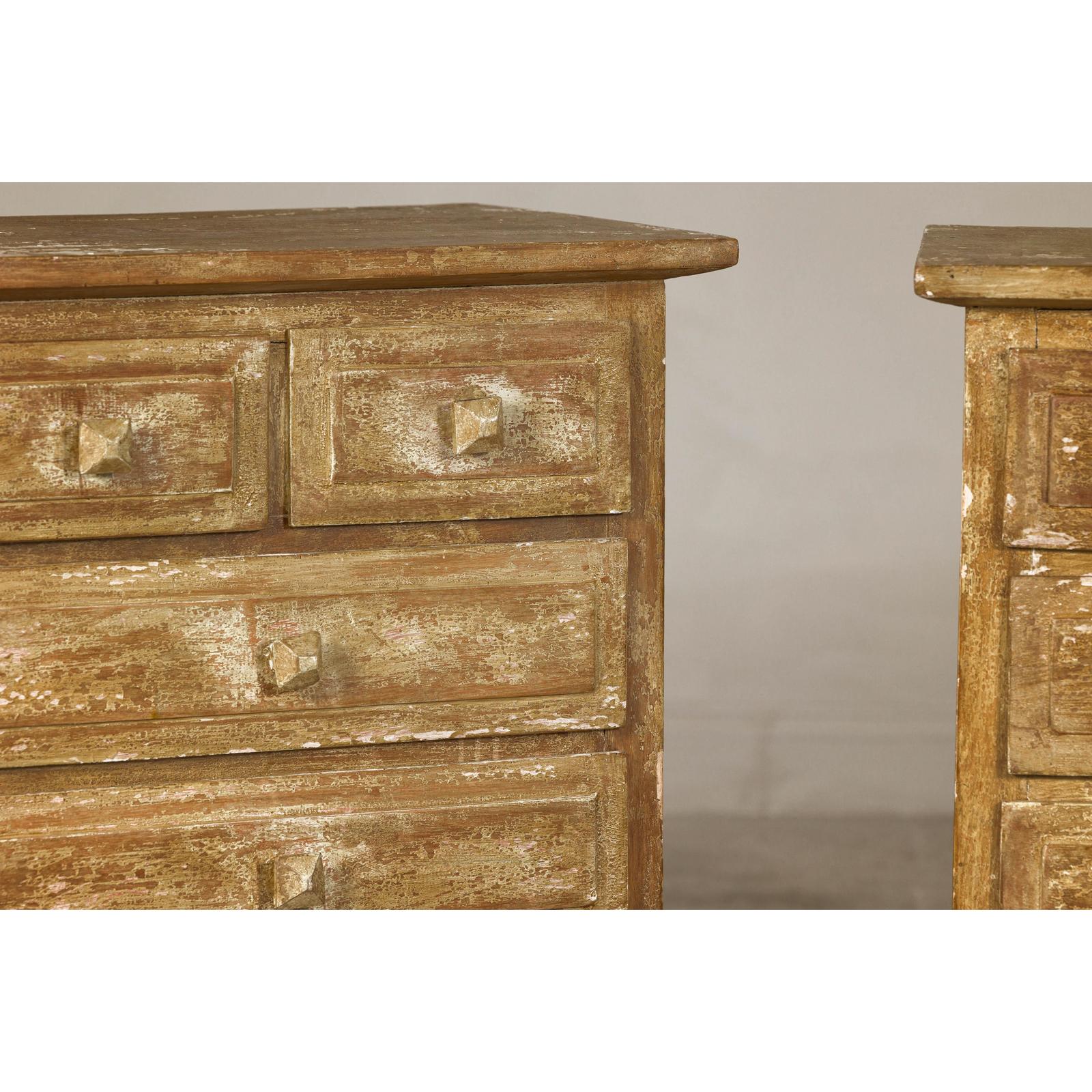 Pair of Distressed Vintage Nightstands with Subtle Brown and Green Patina