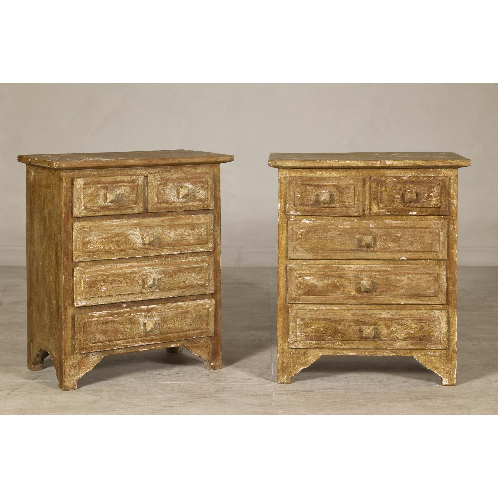 Pair of Distressed Vintage Nightstands with Subtle Brown and Green Patina