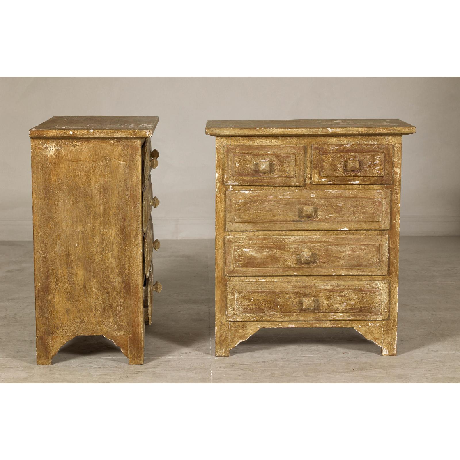 Pair of Distressed Vintage Nightstands with Subtle Brown and Green Patina