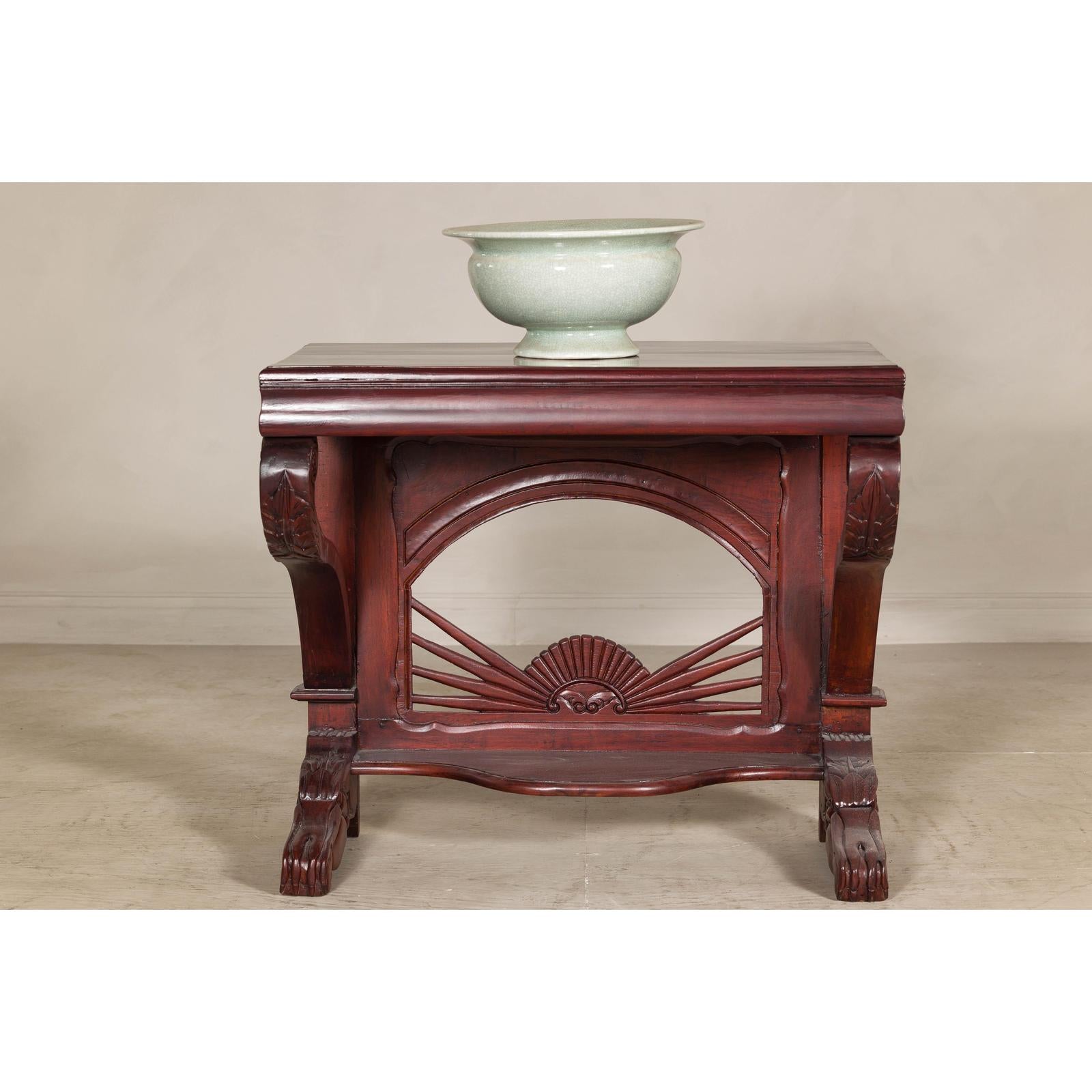 Antique Dutch Colonial Teak Pier Console Table with Carved Details and Sunburst