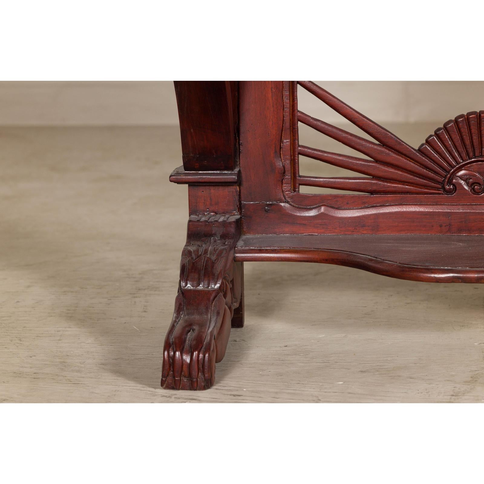 Antique Dutch Colonial Teak Pier Console Table with Carved Details and Sunburst