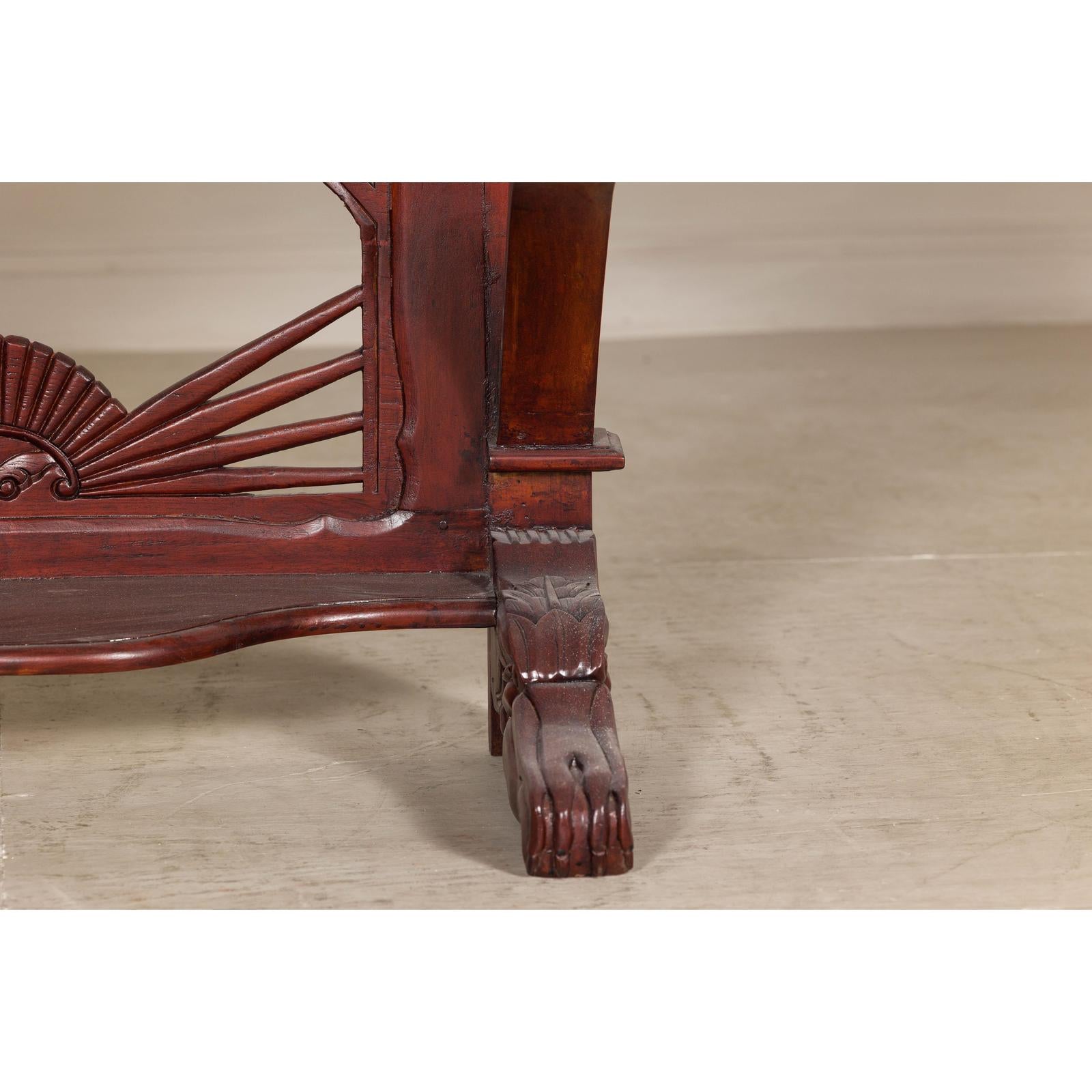Antique Dutch Colonial Teak Pier Console Table with Carved Details and Sunburst