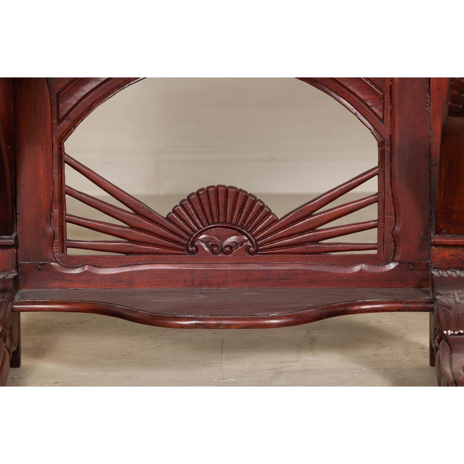 Antique Dutch Colonial Teak Pier Console Table with Carved Details and Sunburst