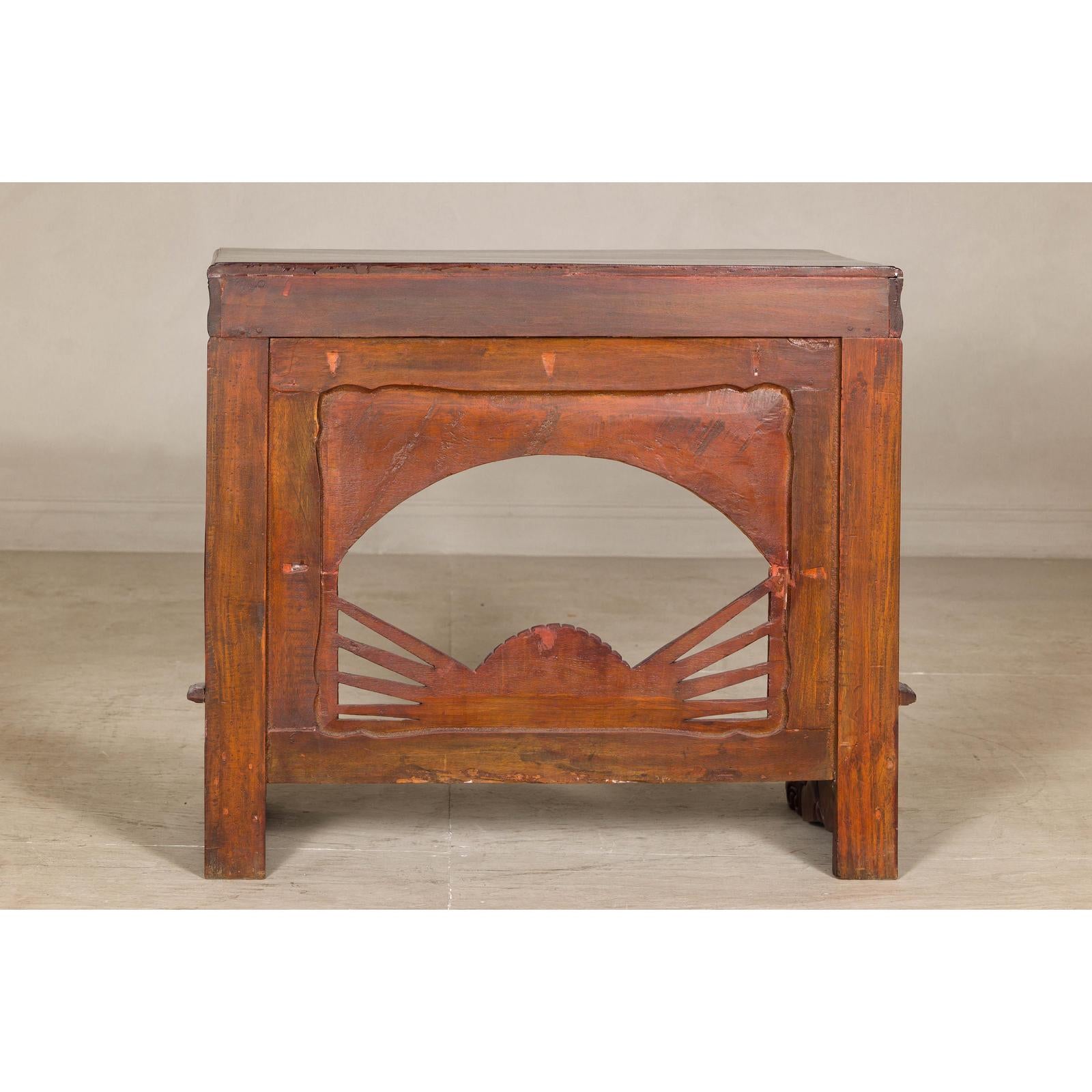 Antique Dutch Colonial Teak Pier Console Table with Carved Details and Sunburst