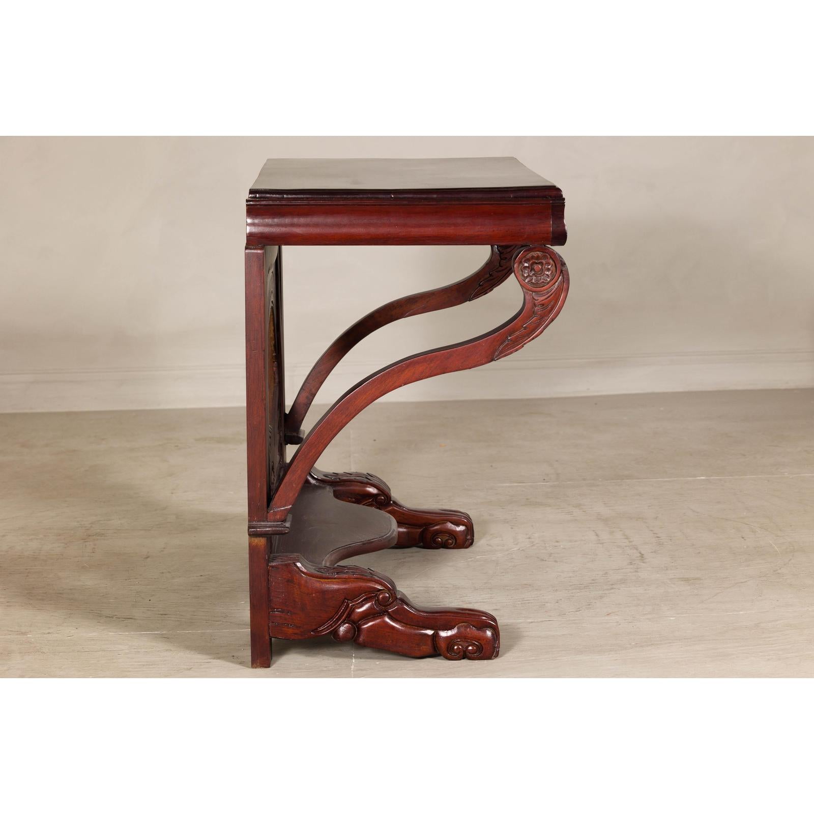 Antique Dutch Colonial Teak Pier Console Table with Carved Details and Sunburst