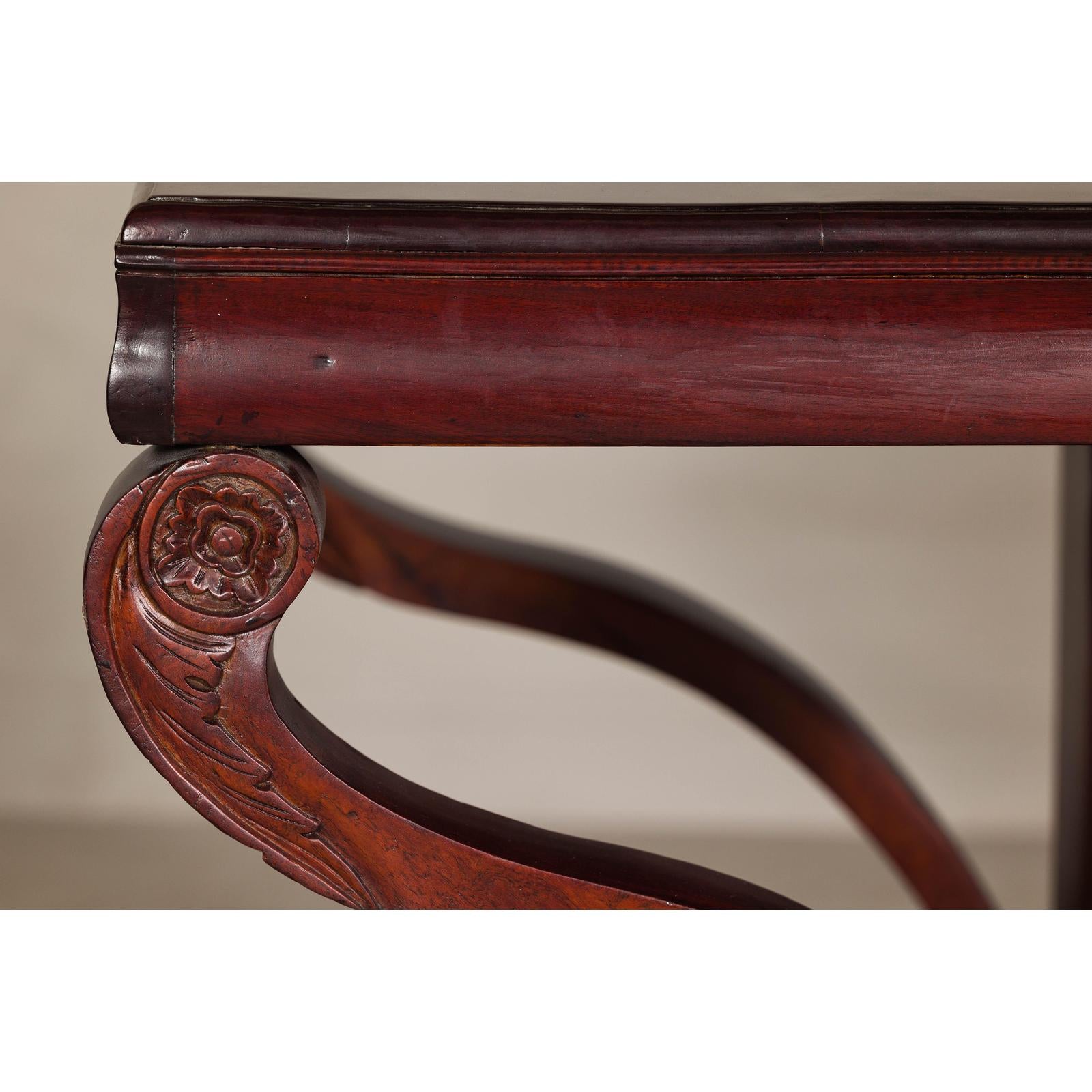 Antique Dutch Colonial Teak Pier Console Table with Carved Details and Sunburst