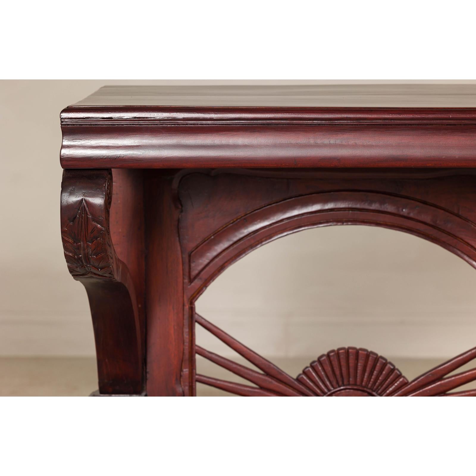 Antique Dutch Colonial Teak Pier Console Table with Carved Details and Sunburst