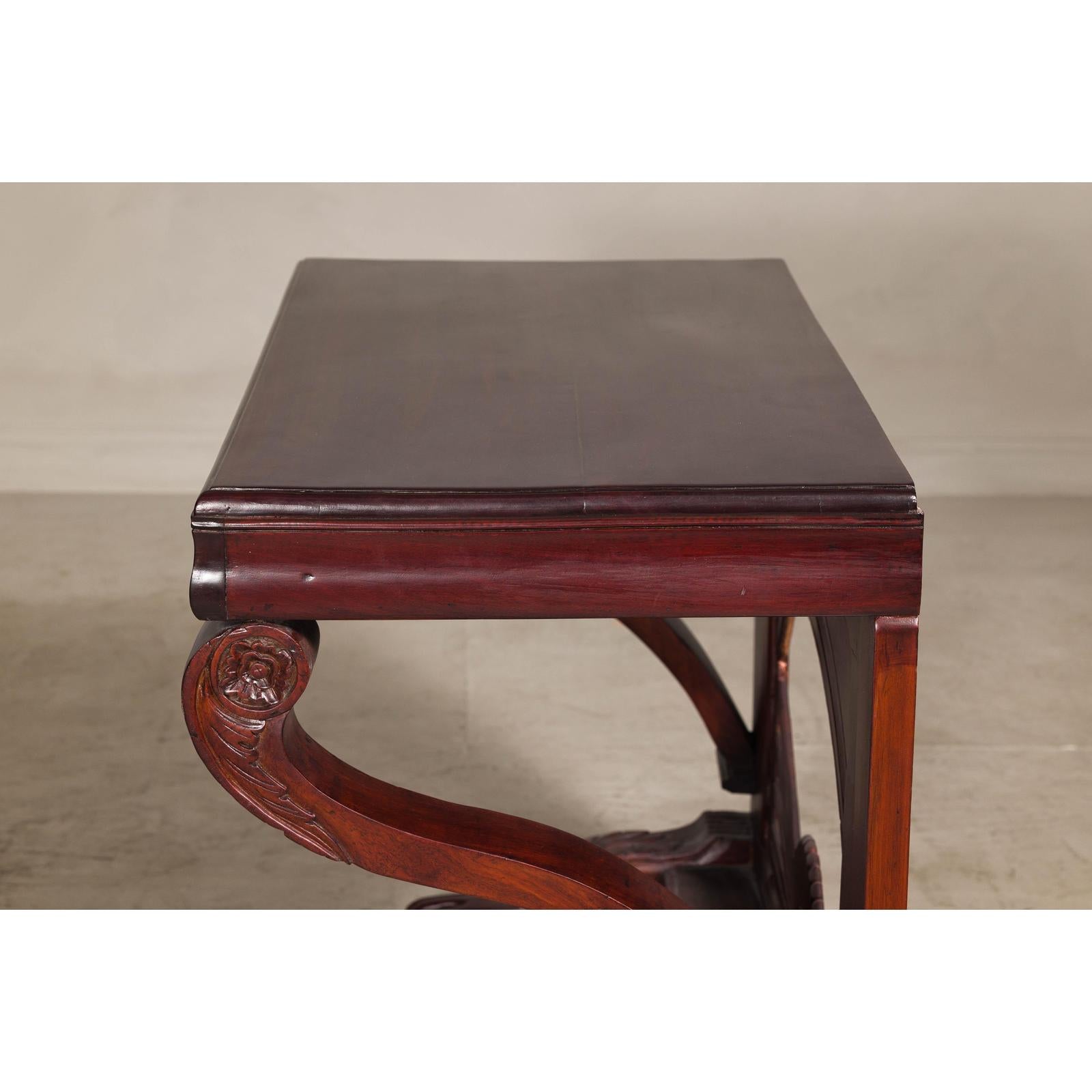 Antique Dutch Colonial Teak Pier Console Table with Carved Details and Sunburst