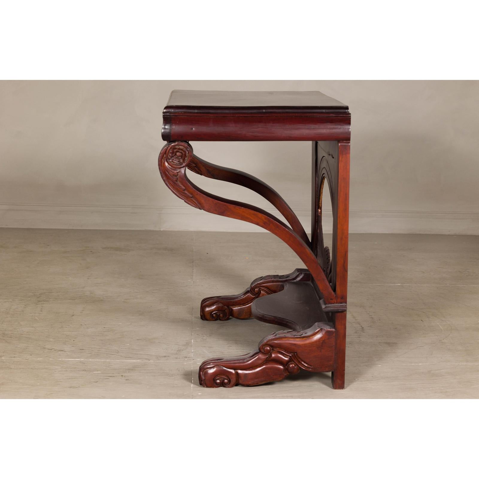 Antique Dutch Colonial Teak Pier Console Table with Carved Details and Sunburst