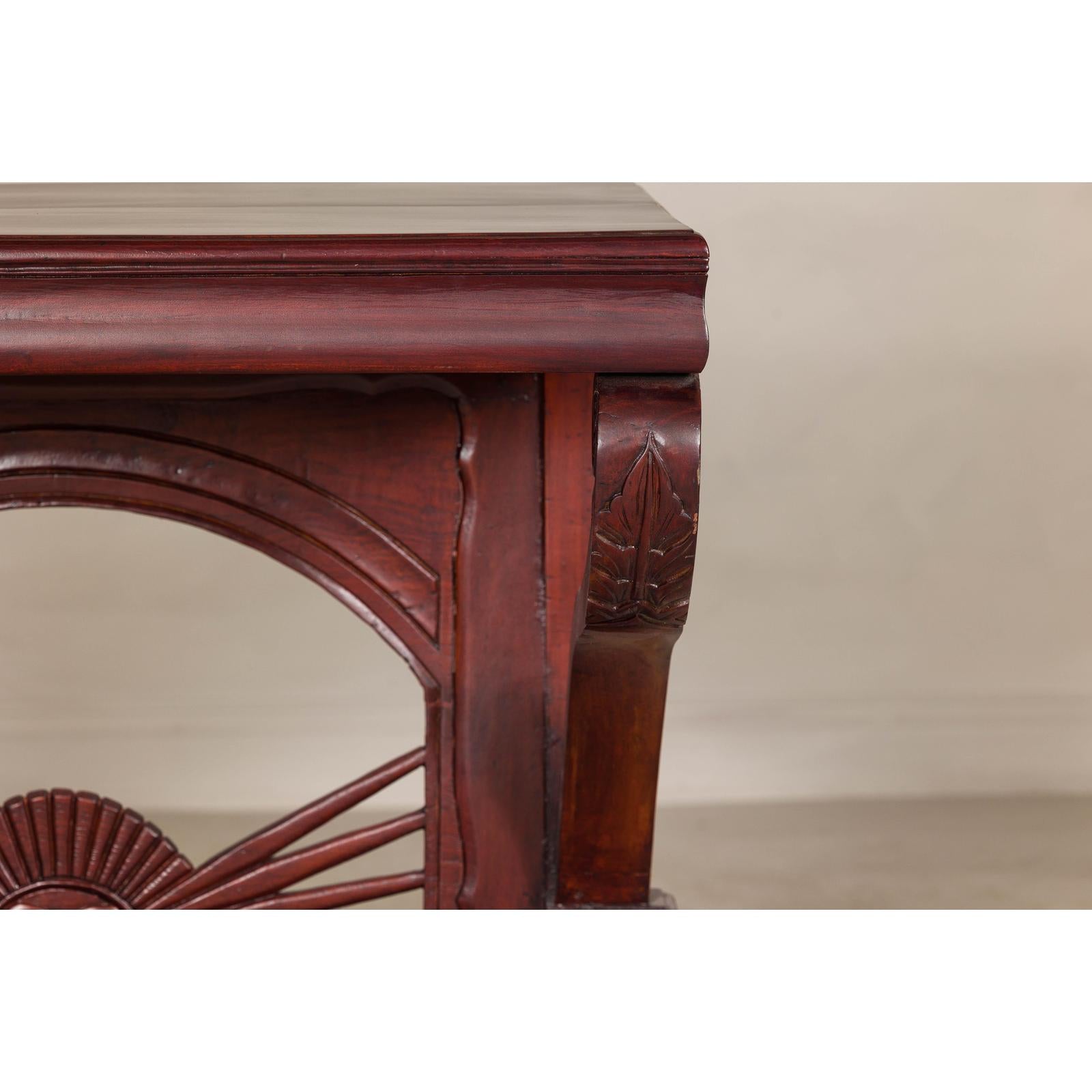Antique Dutch Colonial Teak Pier Console Table with Carved Details and Sunburst