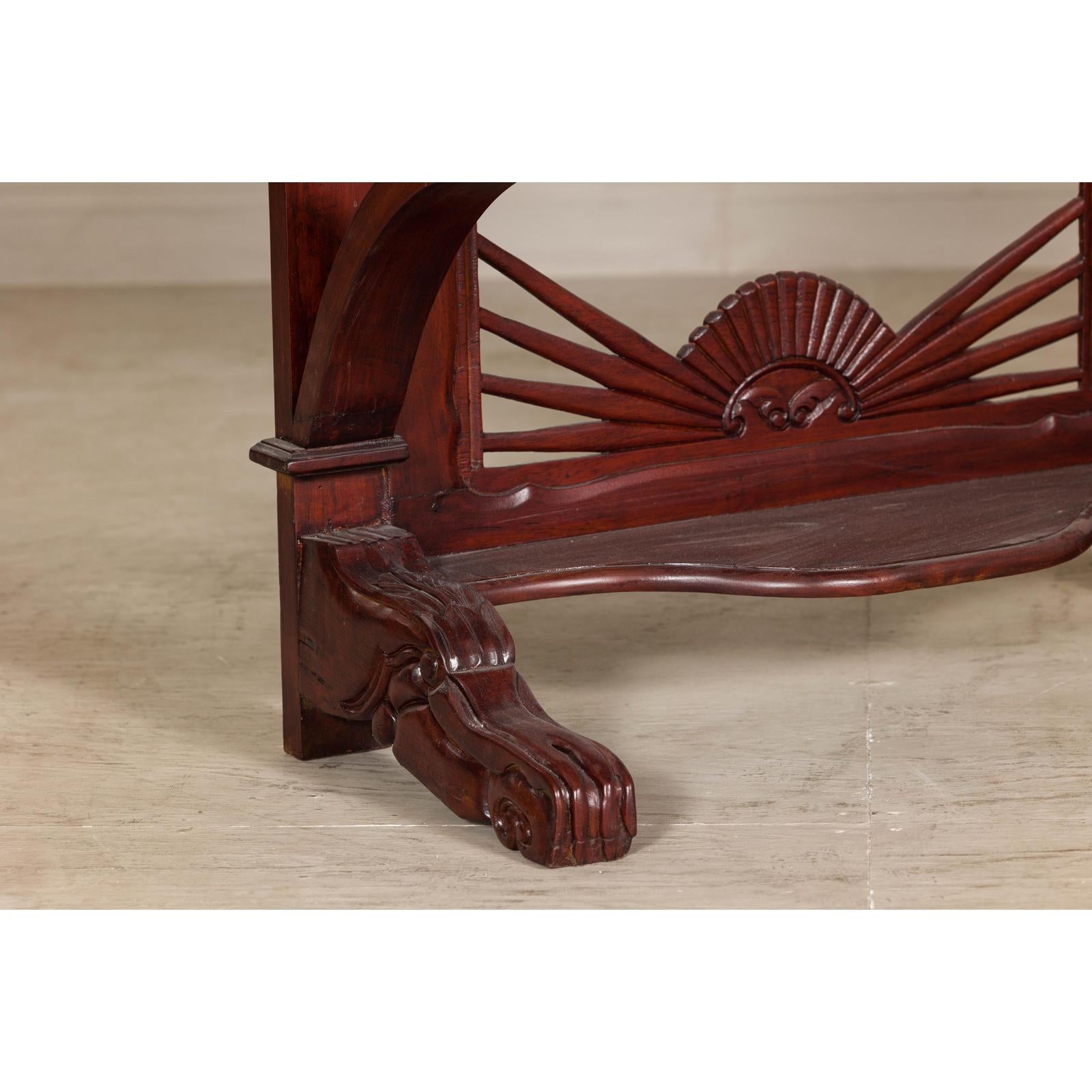 Antique Dutch Colonial Teak Pier Console Table with Carved Details and Sunburst