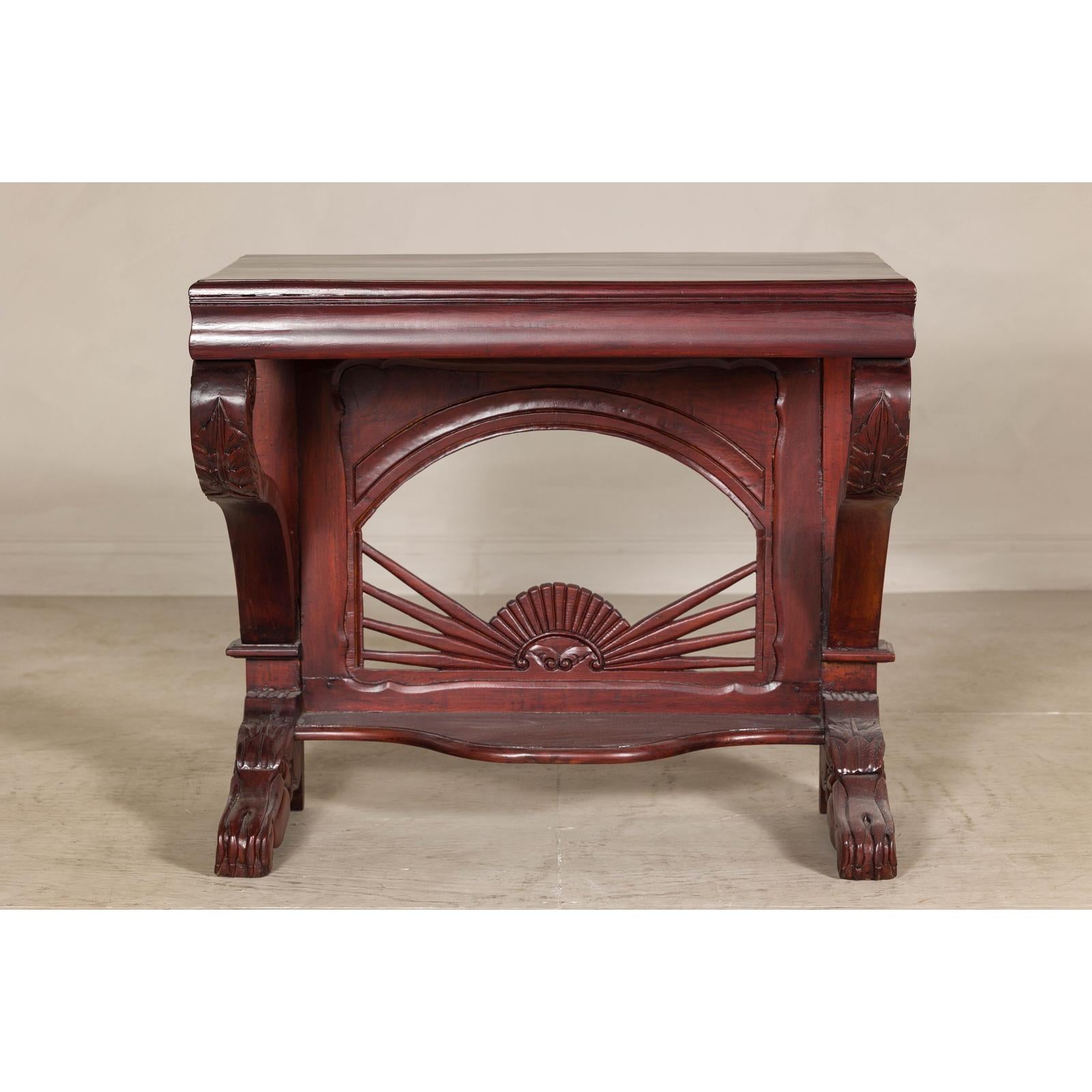 Antique Dutch Colonial Teak Pier Console Table with Carved Details and Sunburst