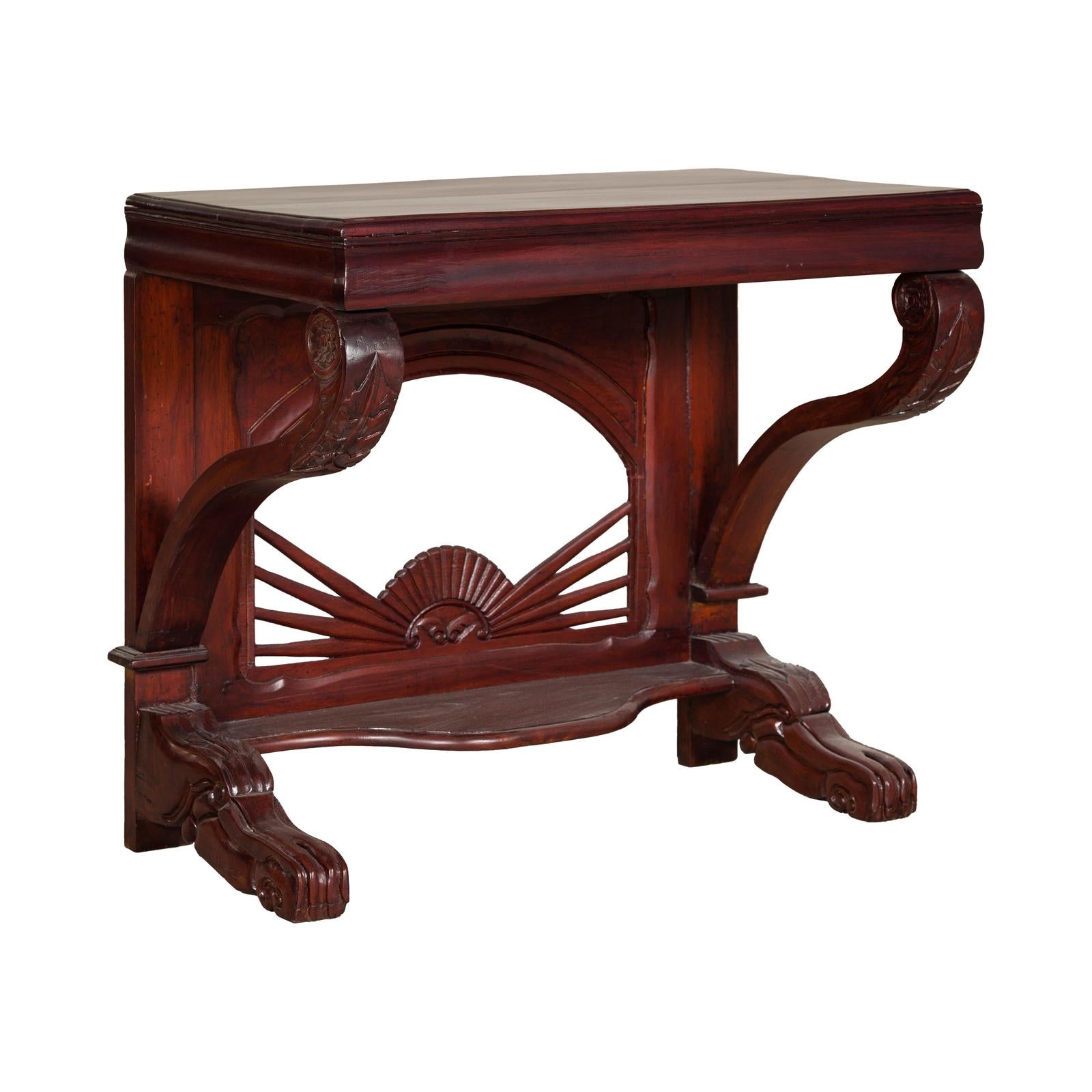 Antique Dutch Colonial Teak Pier Console Table with Carved Details and Sunburst