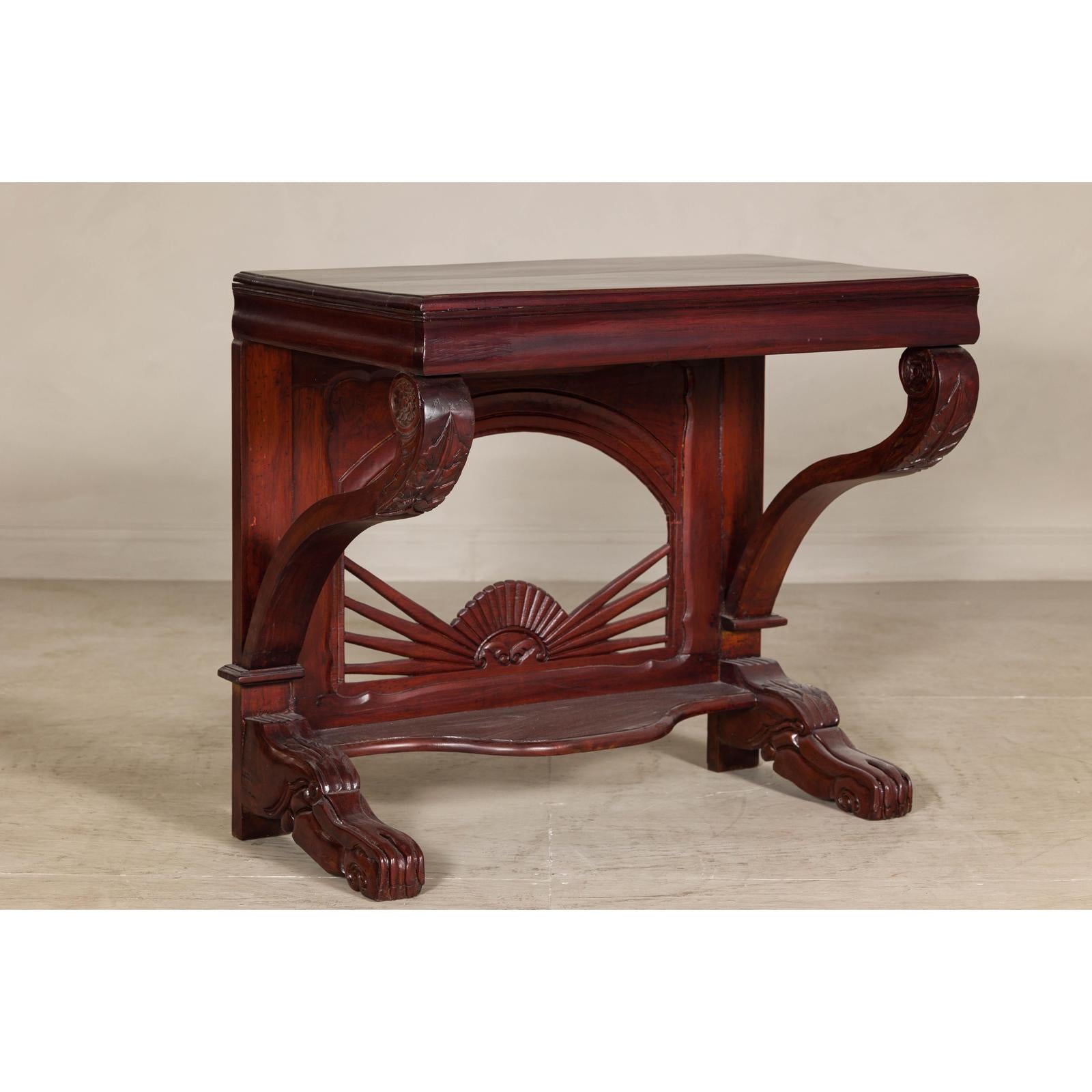 Antique Dutch Colonial Teak Pier Console Table with Carved Details and Sunburst