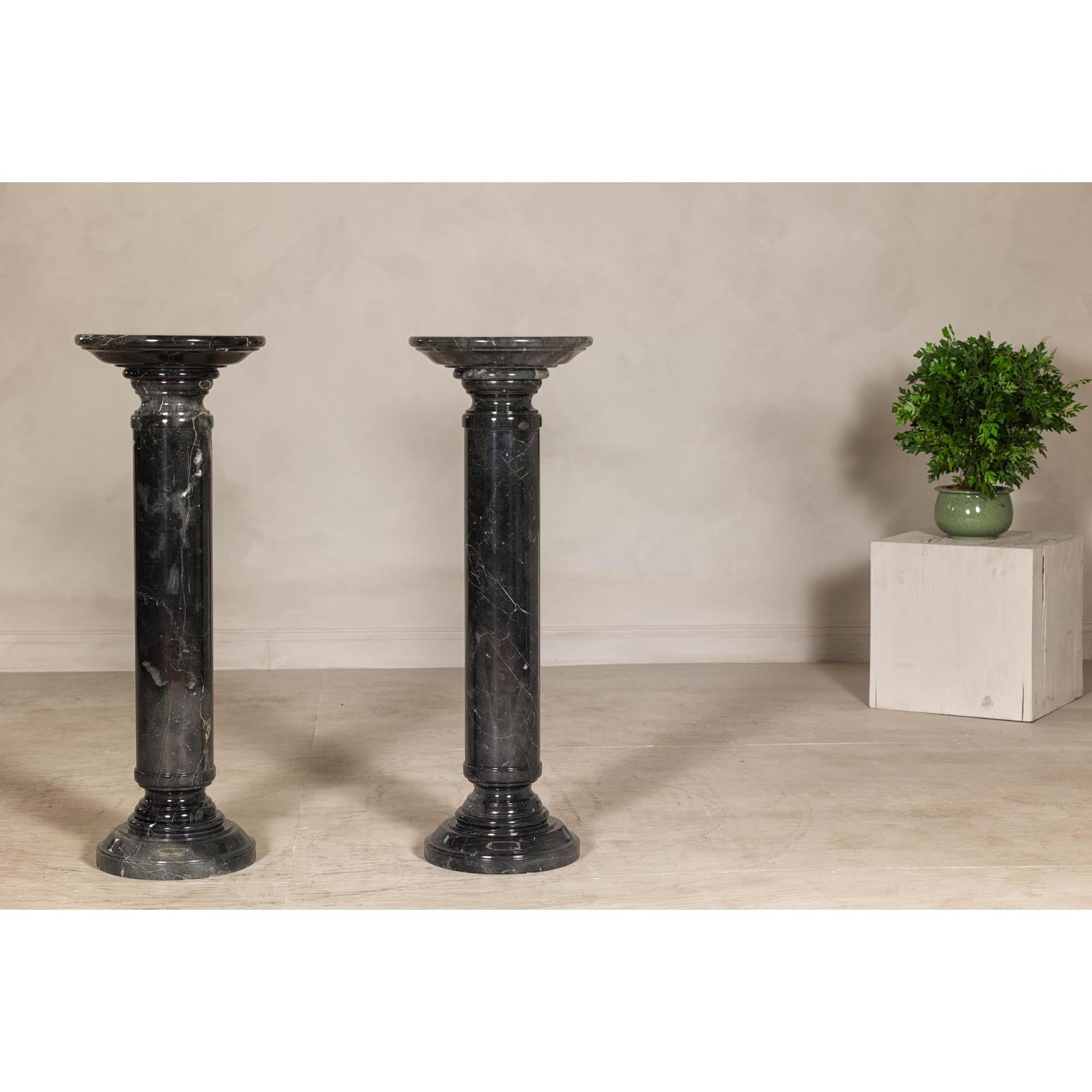 Vintage Black Marble Column Pedestal with White Veining, Sold Individually