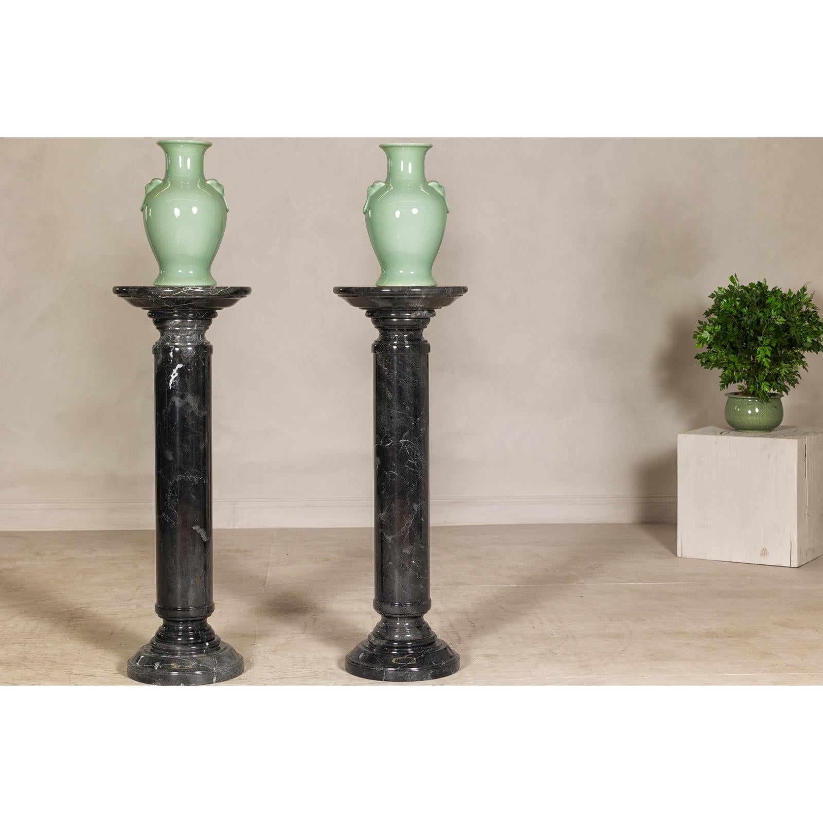 Vintage Black Marble Column Pedestal with White Veining, Sold Individually
