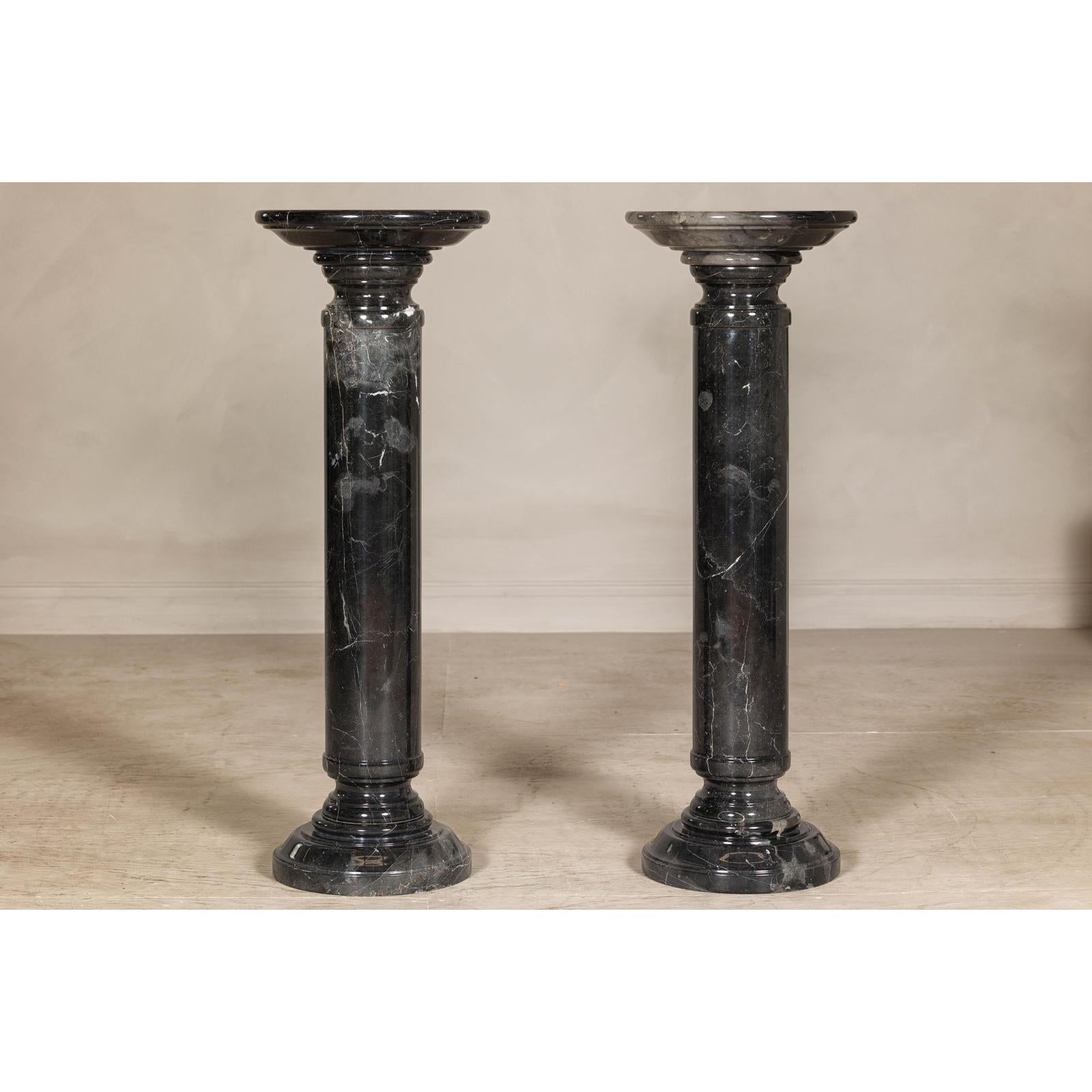 Vintage Black Marble Column Pedestal with White Veining, Sold Individually