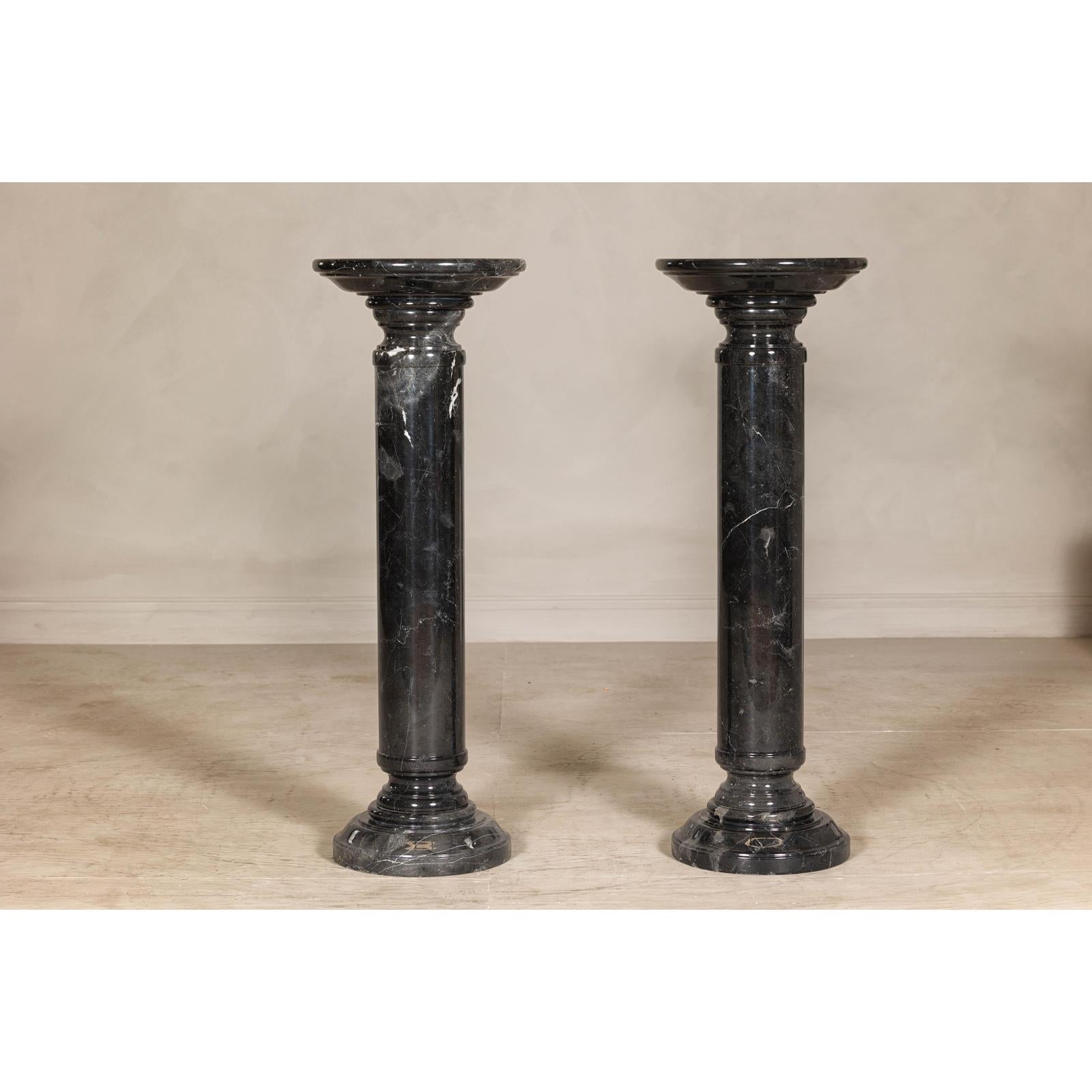 Vintage Black Marble Column Pedestal with White Veining, Sold Individually