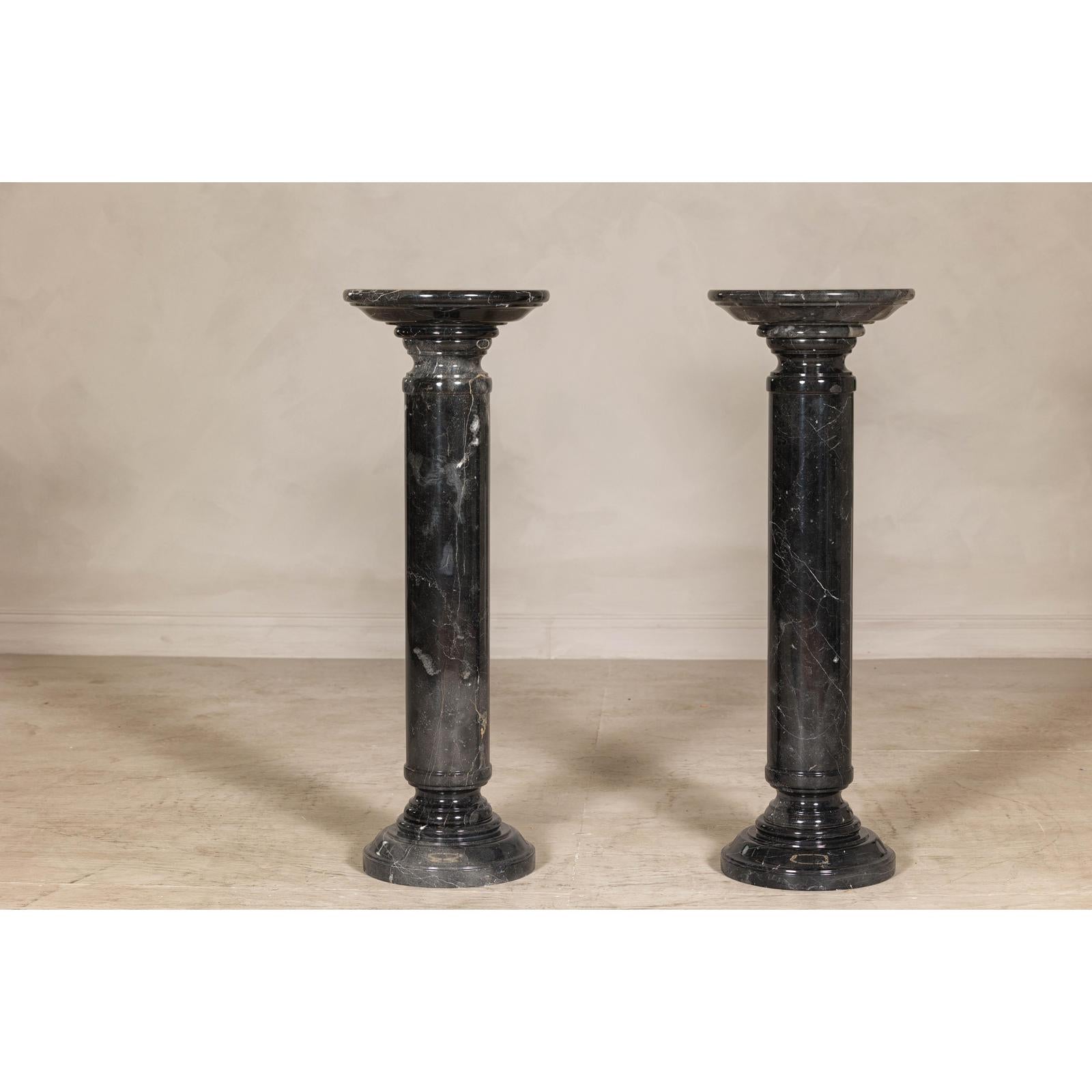 Vintage Black Marble Column Pedestal with White Veining, Sold Individually